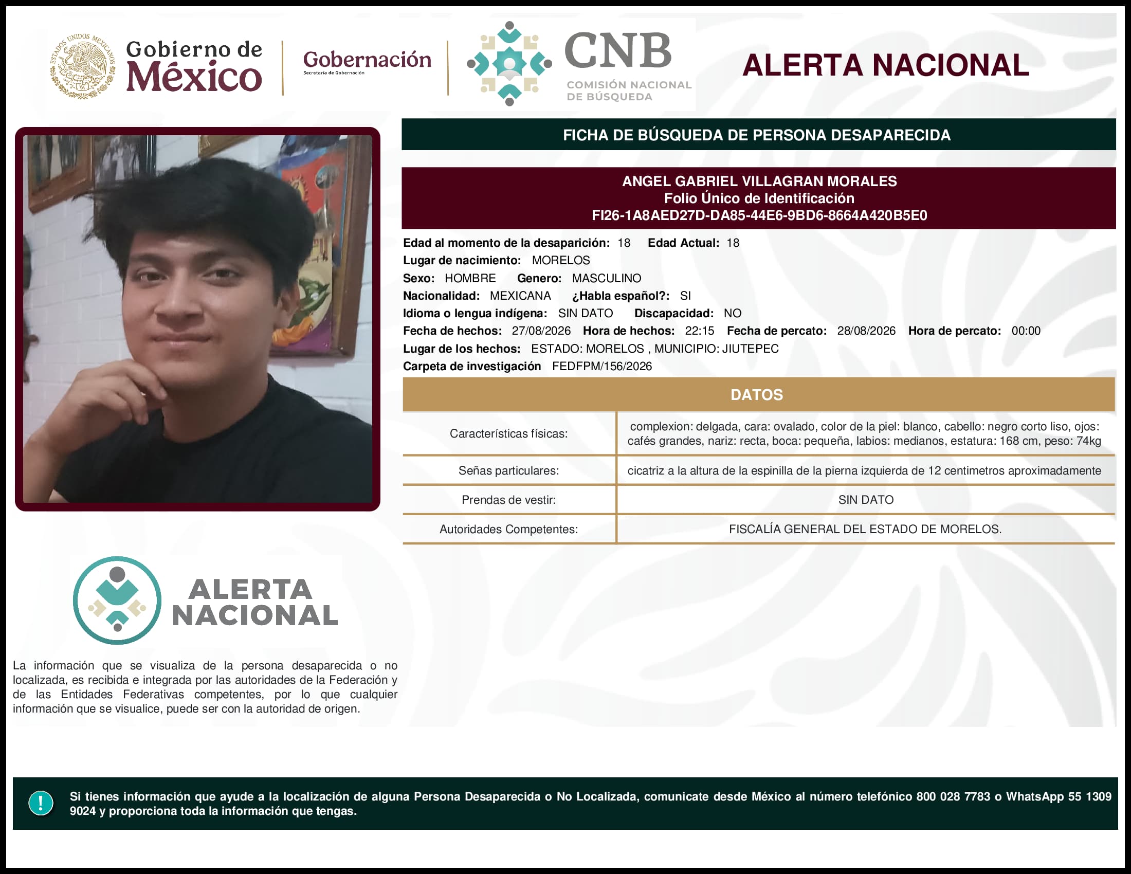 Persona desaparecida Angel Gabriel Villagran Morales