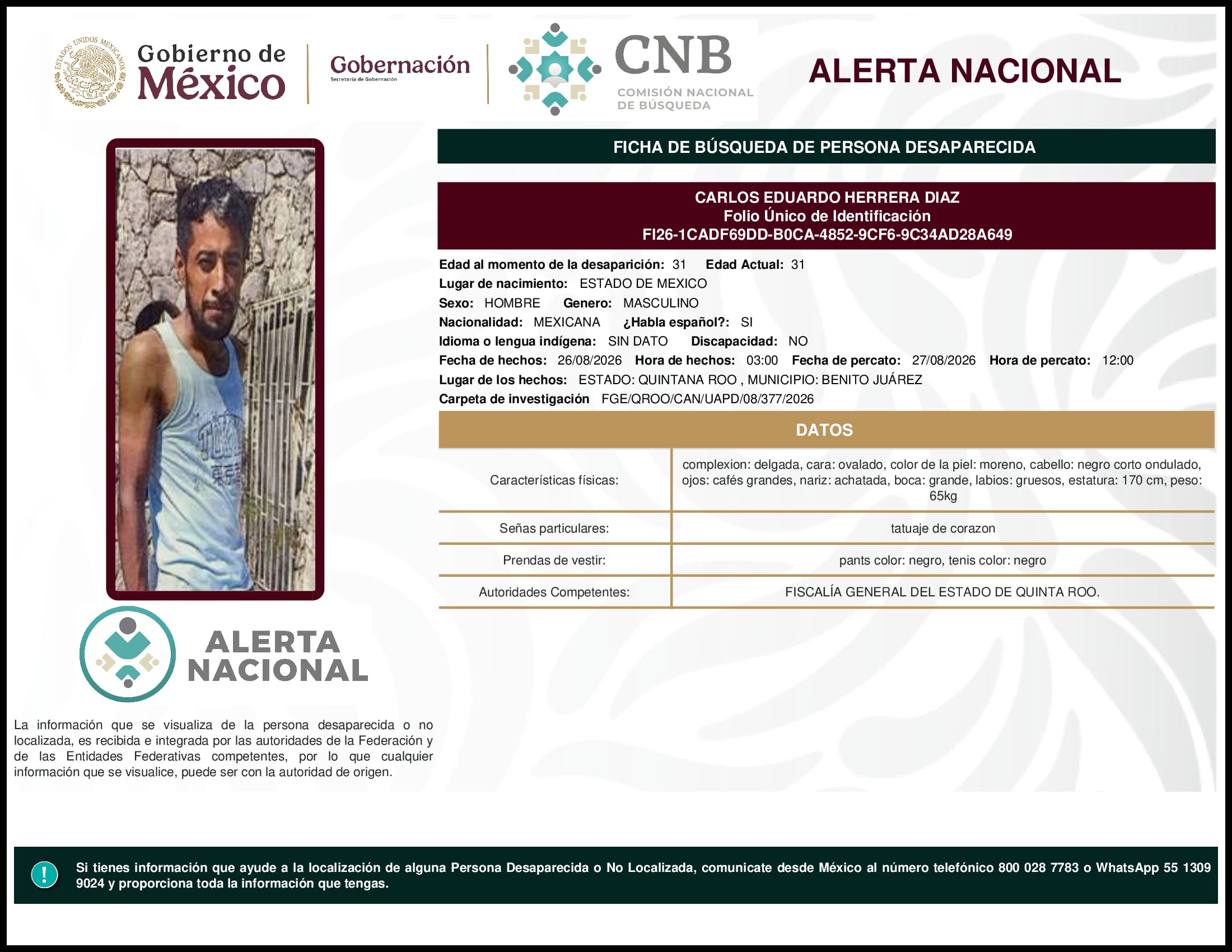 Persona desaparecida Carlos Eduardo Herrera Diaz