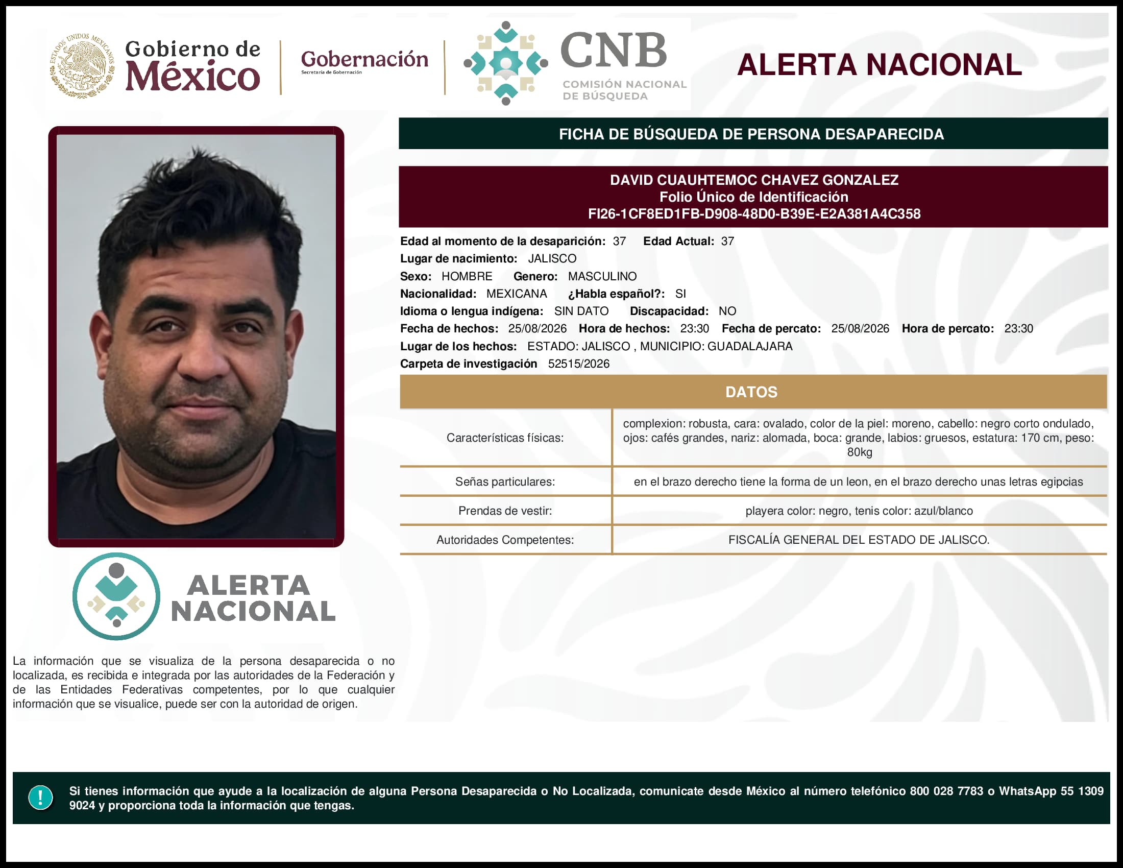Persona desaparecida David Cuauhtemoc Chavez Gonzalez