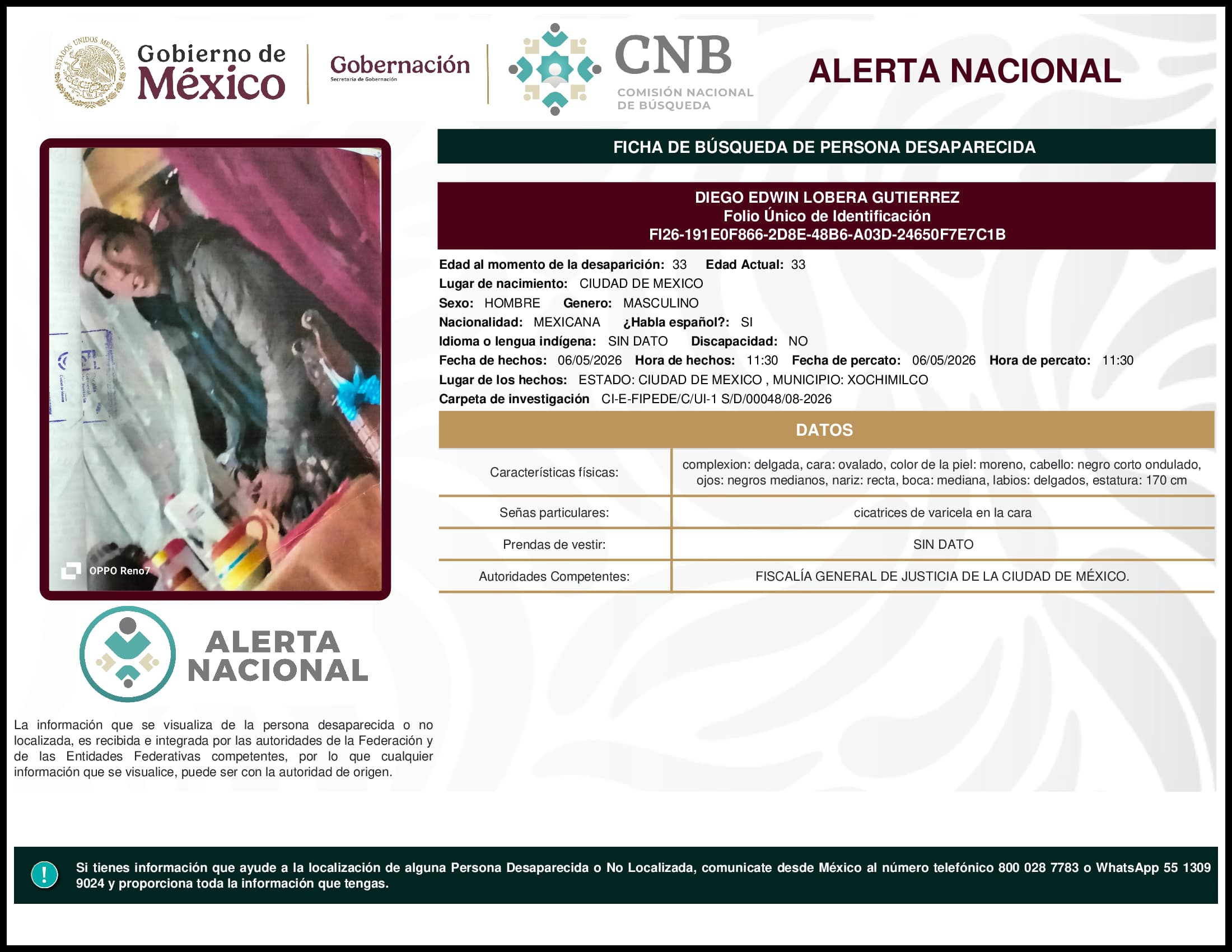 Persona desaparecida Diego Edwin Lobera Gutierrez