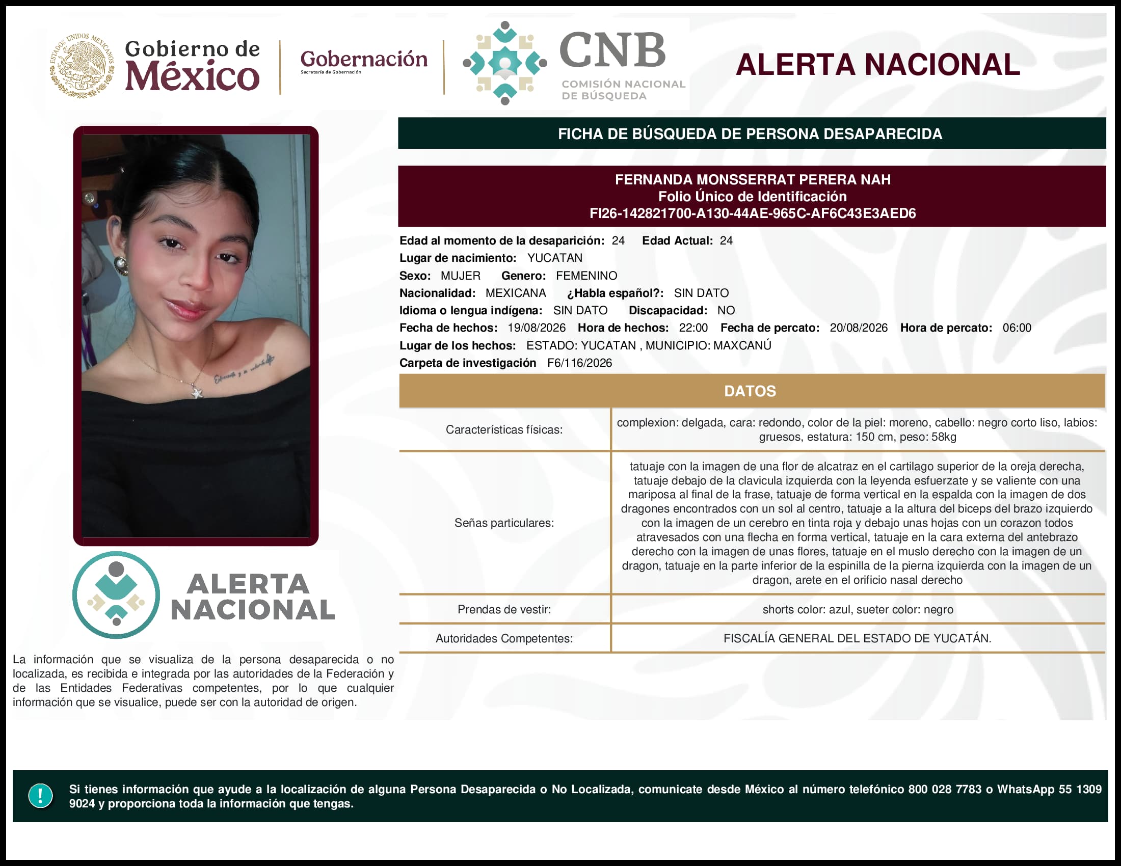 Persona desaparecida Fernanda Monsserrat Perera Nah