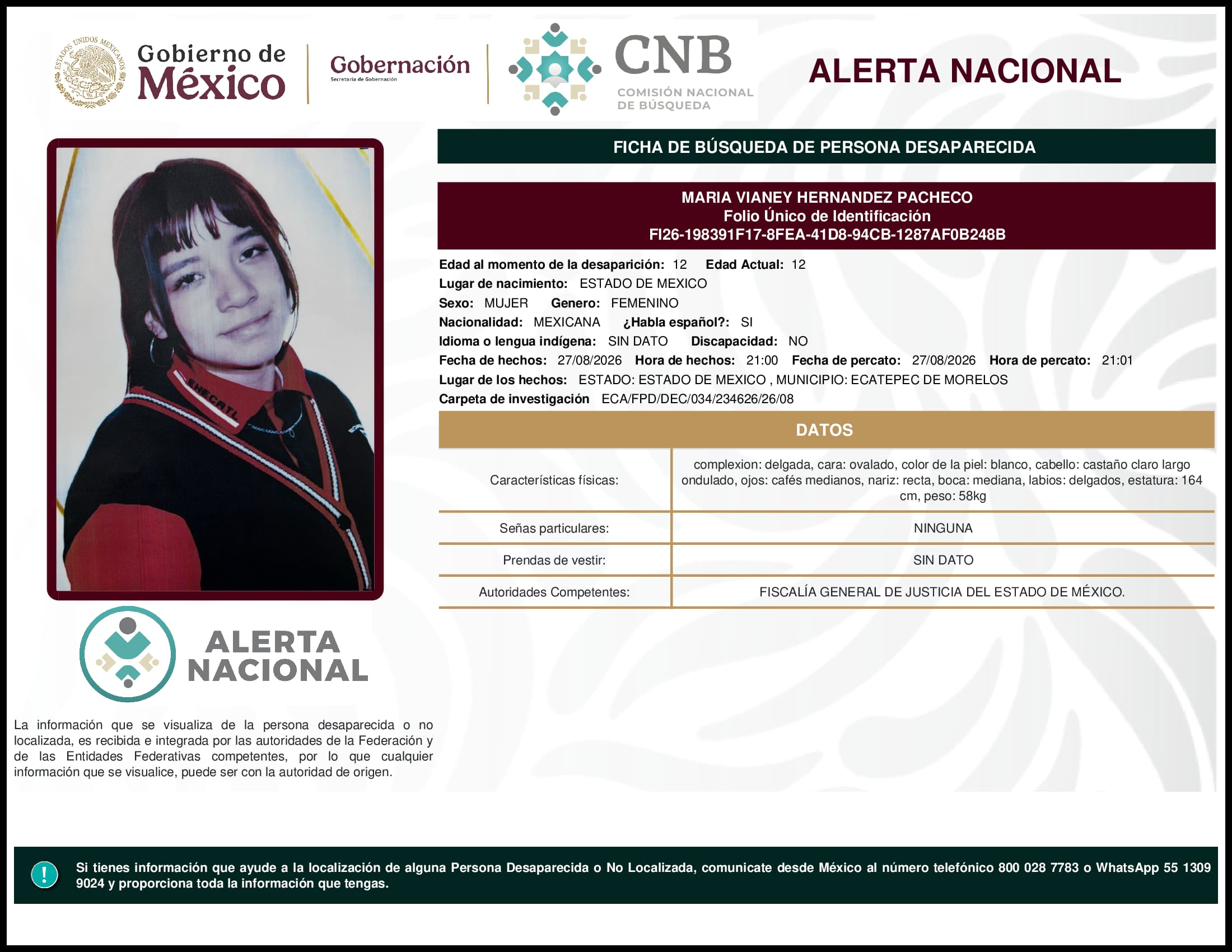 Persona desaparecida Maria Vianey Hernandez Pacheco