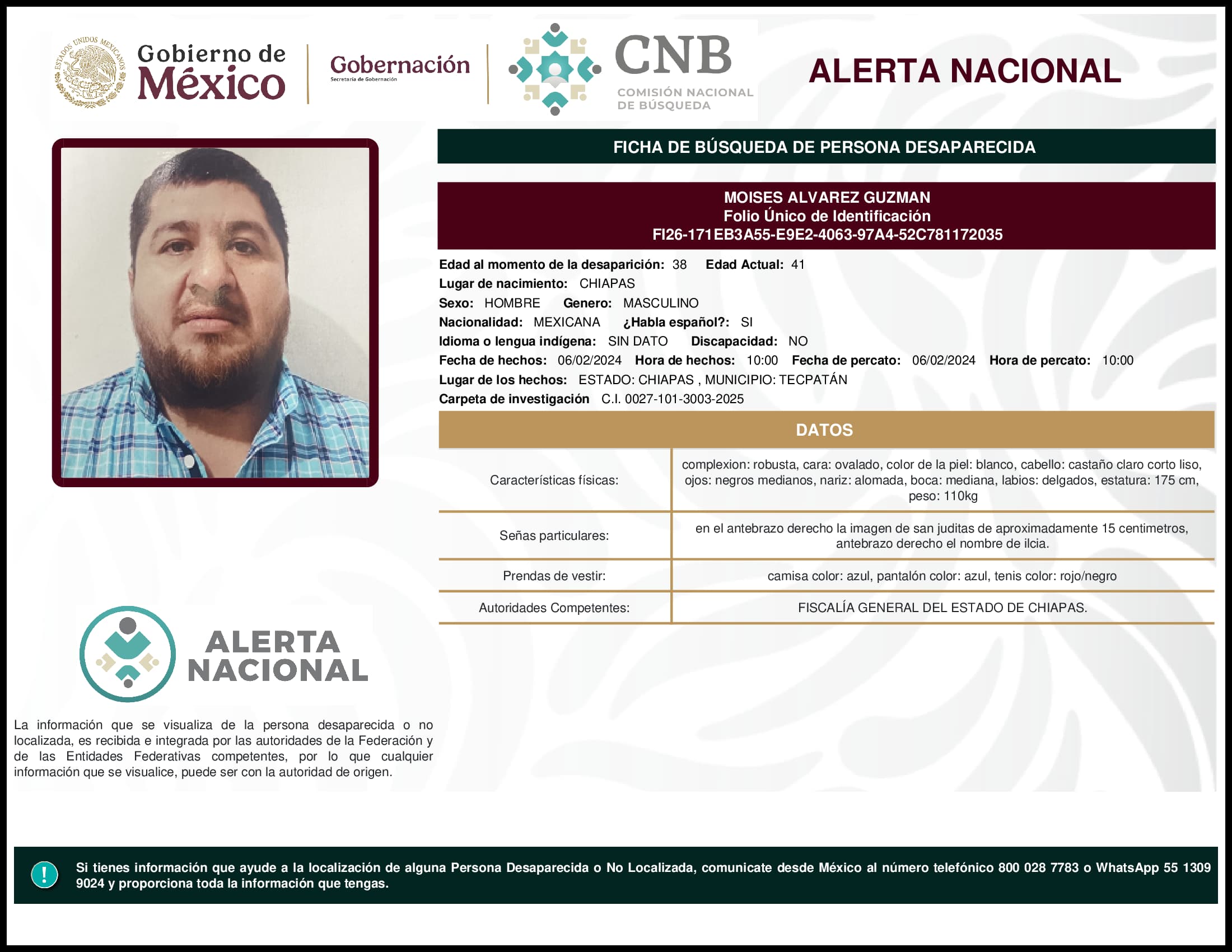 Persona desaparecida Moises Alvarez Guzman