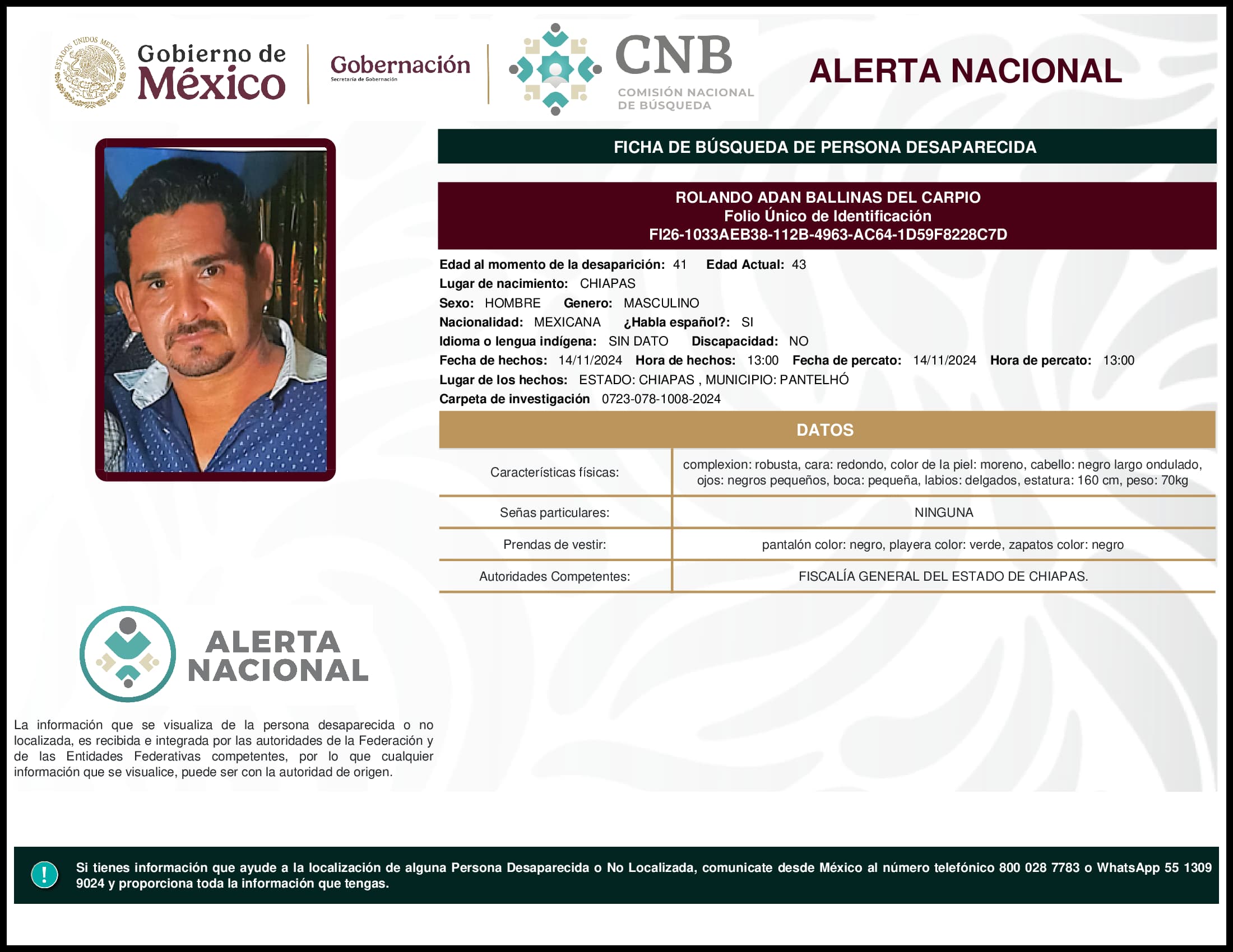 Persona desaparecida Rolando Adan Ballinas Del Carpio