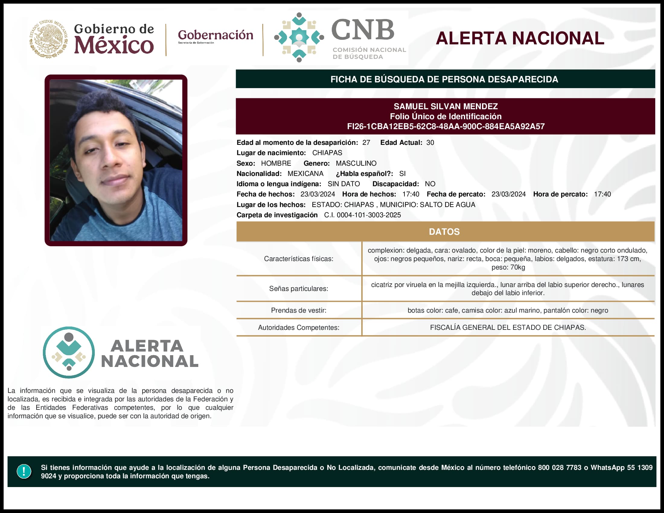 Persona desaparecida Samuel Silvan Mendez