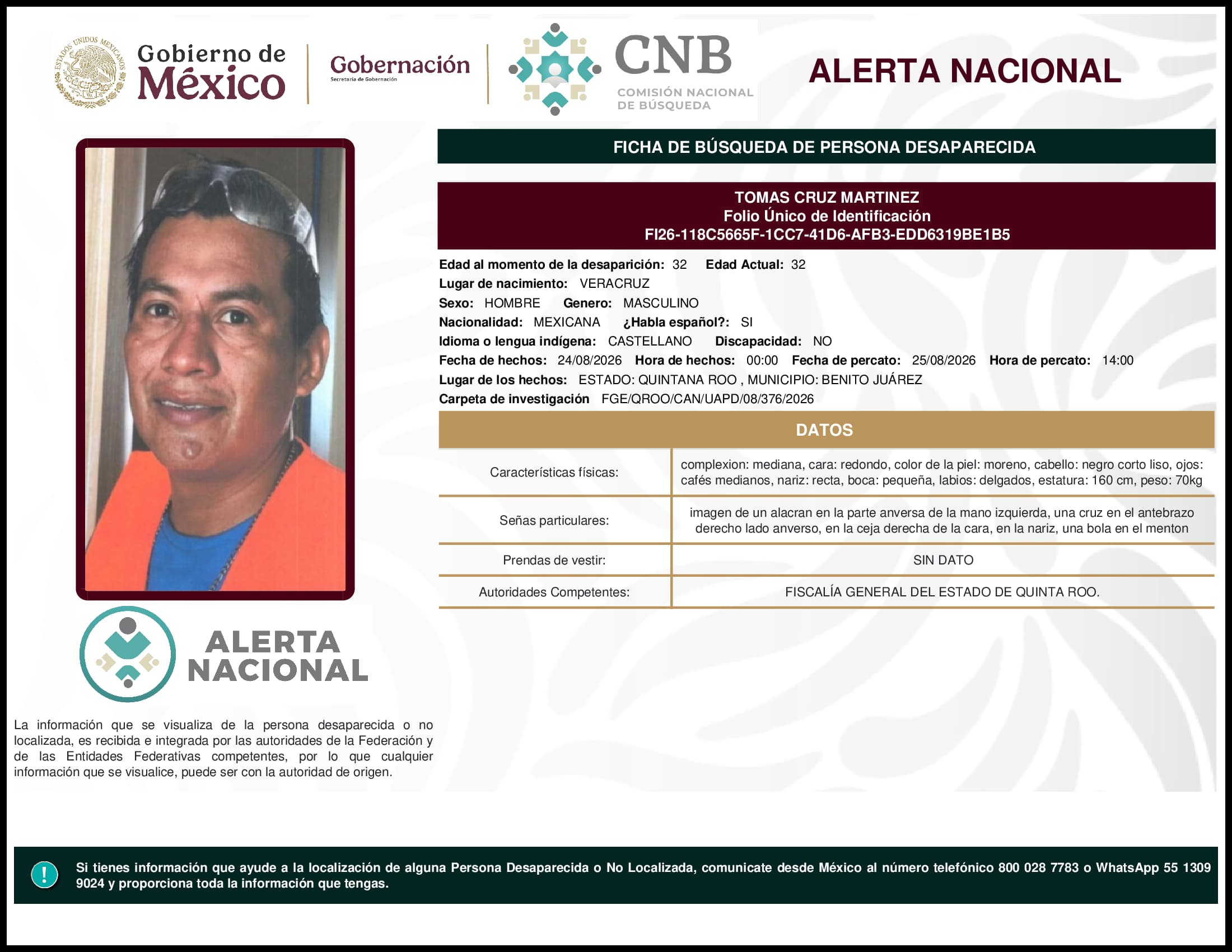 Persona desaparecida Tomas Cruz Martinez