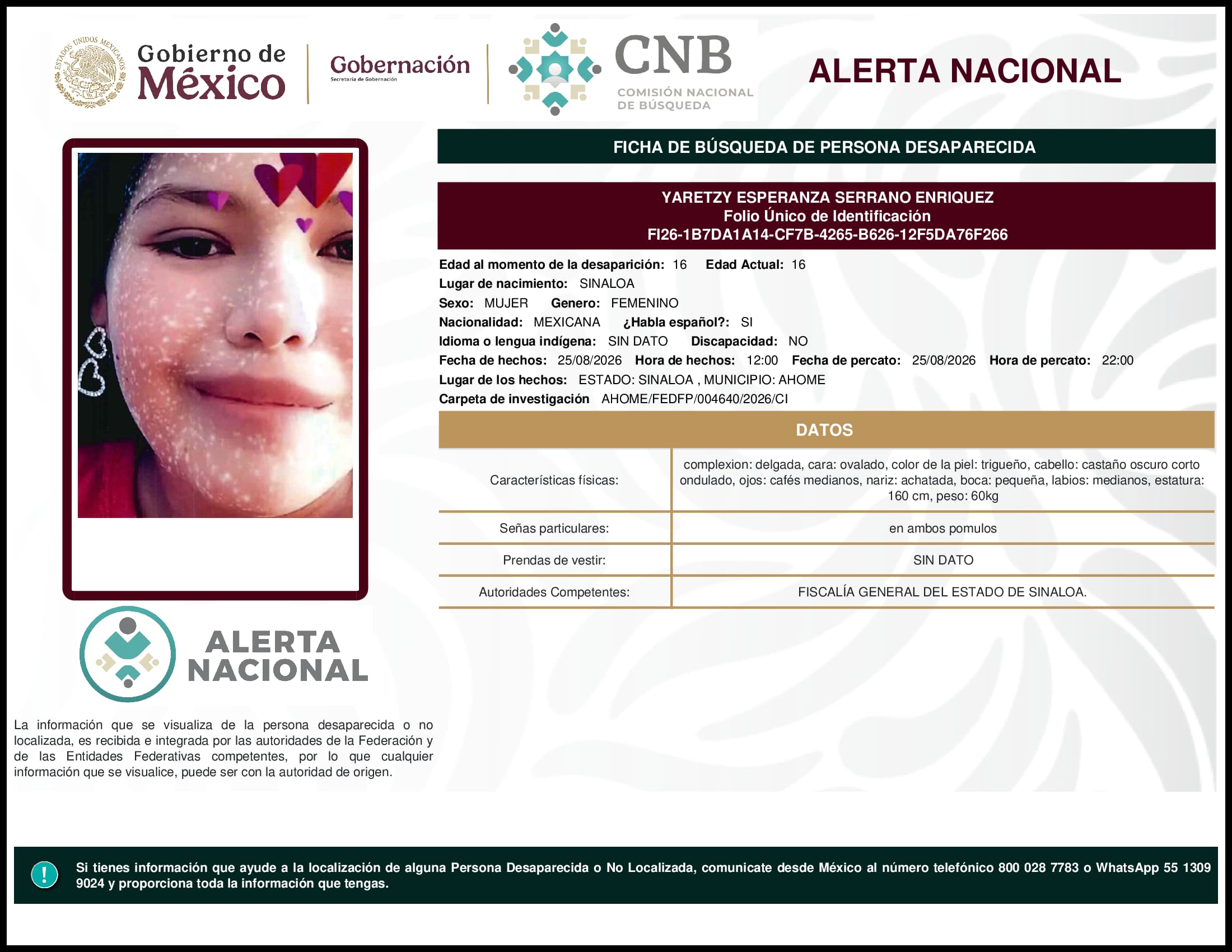 Persona desaparecida Yaretzy Esperanza Serrano Enriquez