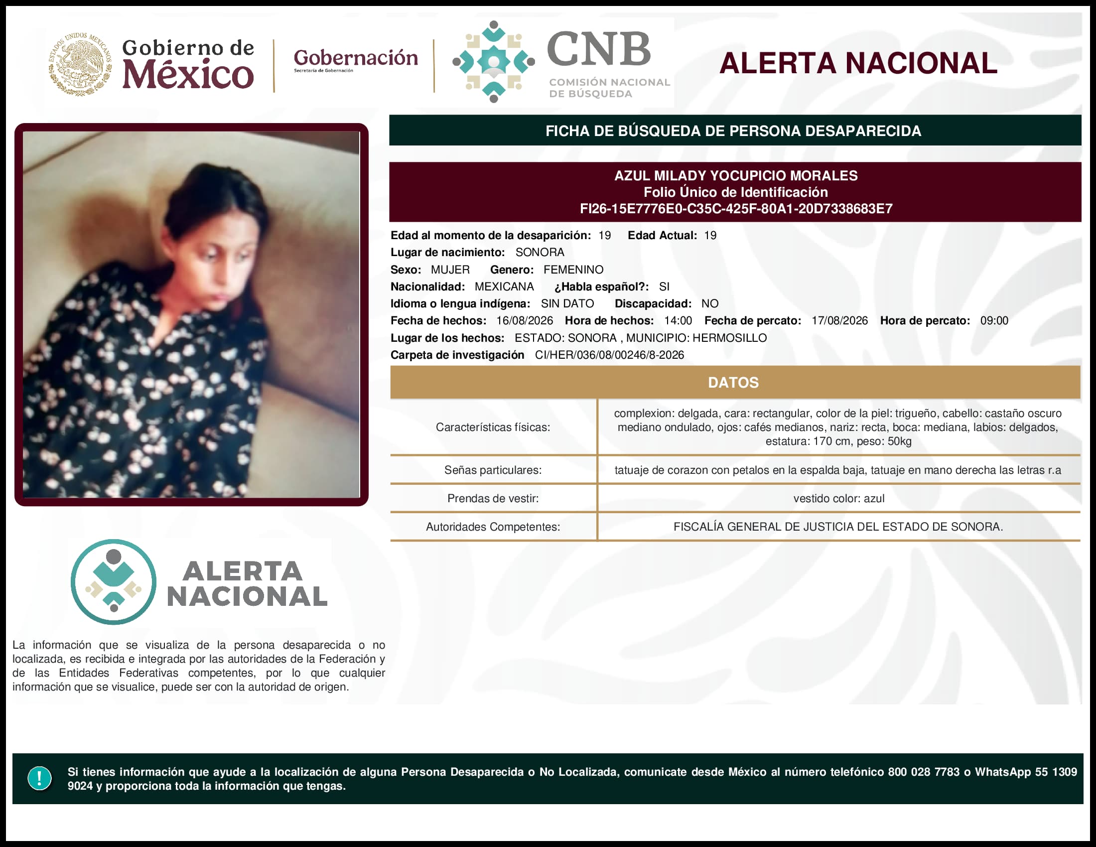 Persona desaparecida Azul Milady Yocupicio Morales