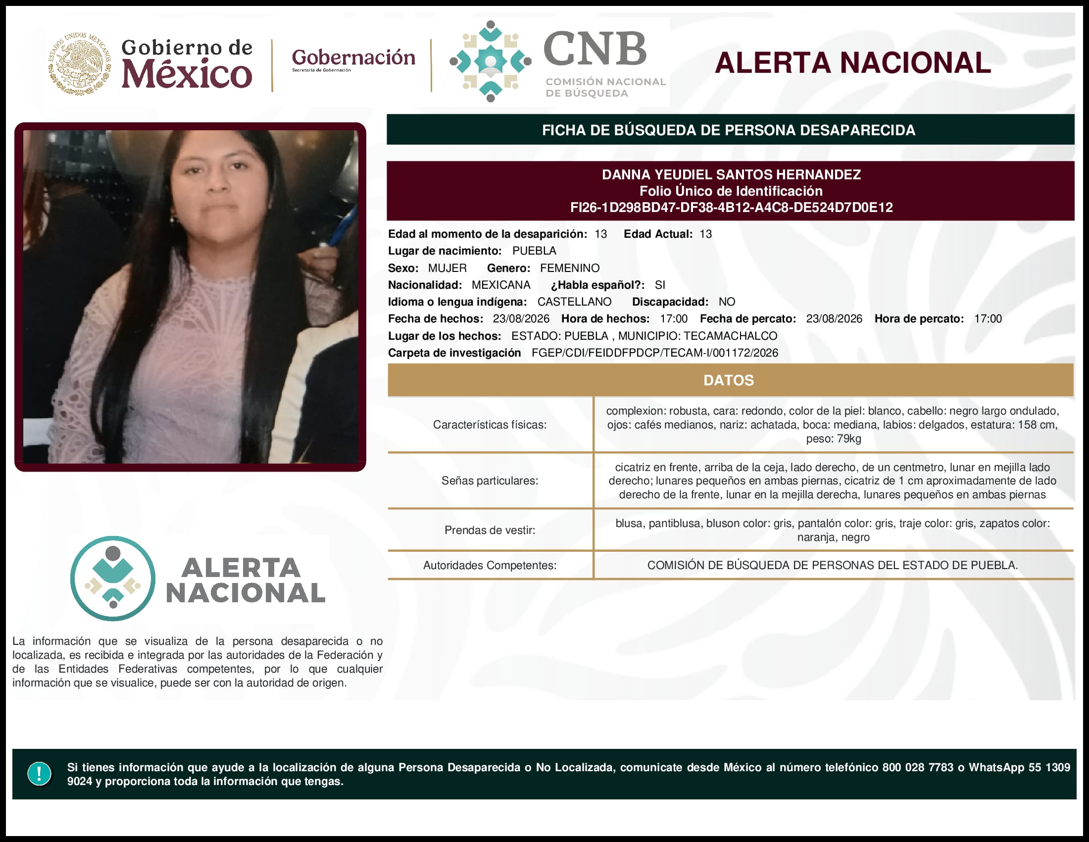 Persona desaparecida Danna Yeudiel Santos Hernandez