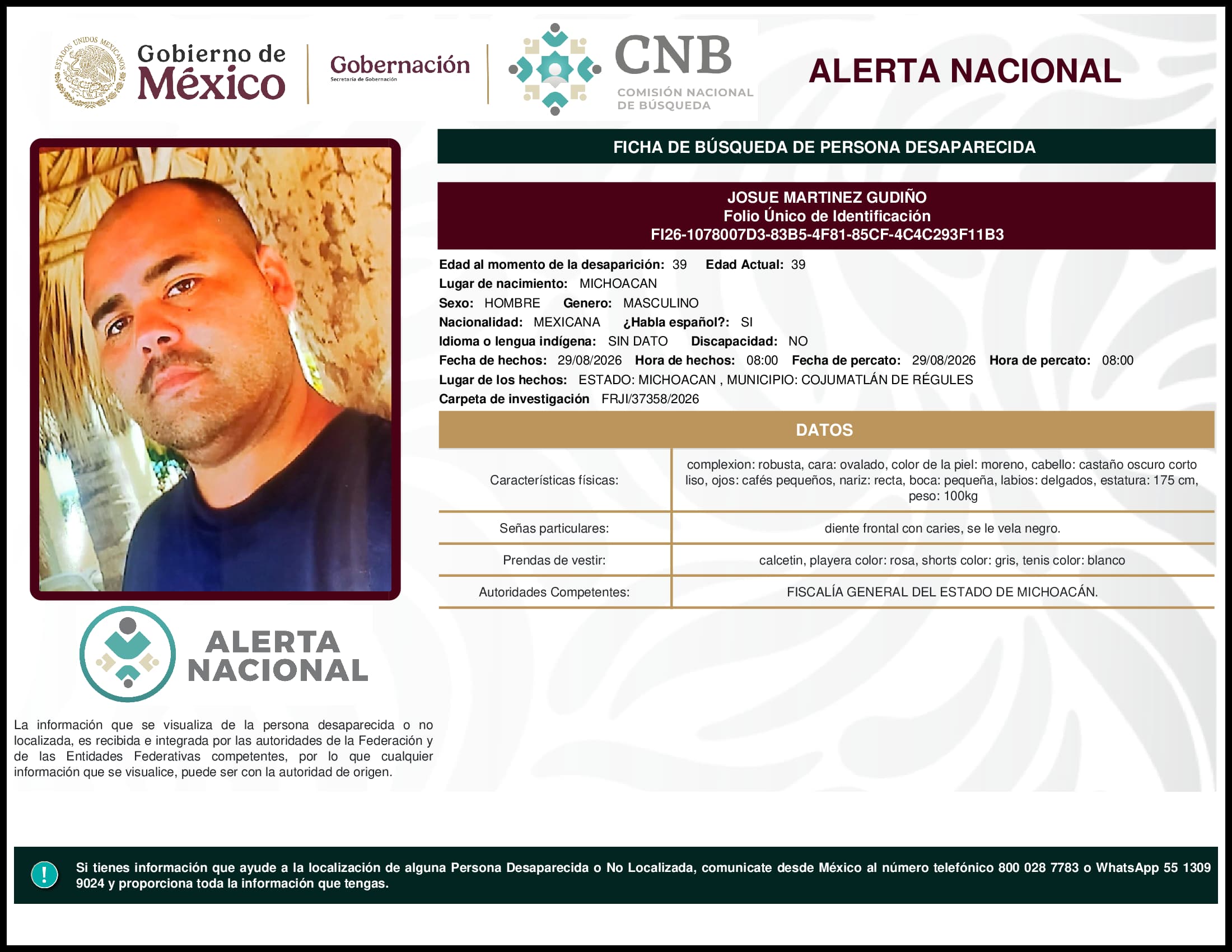 Persona desaparecida Josue Martinez Gudino