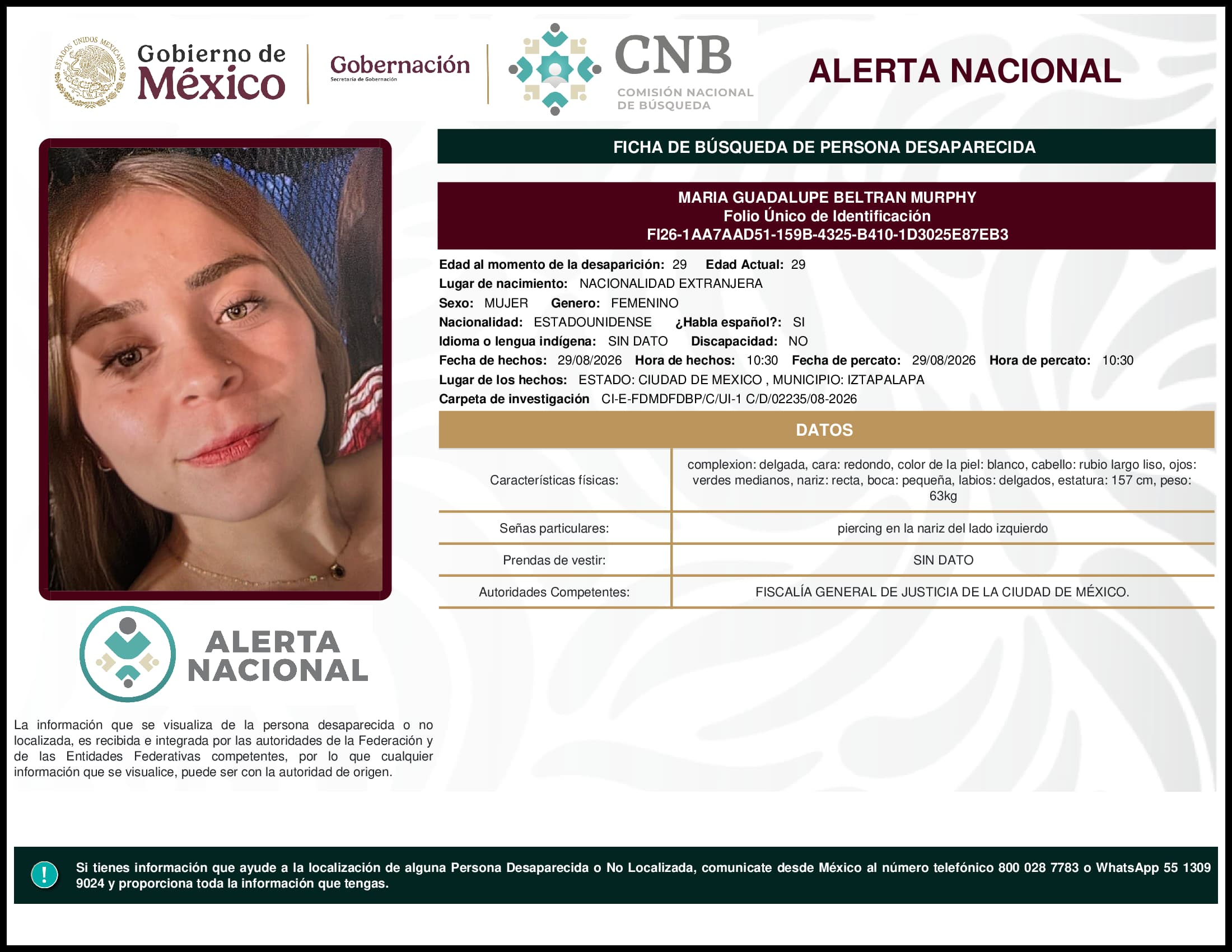 Persona desaparecida Maria Guadalupe Beltran Murphy