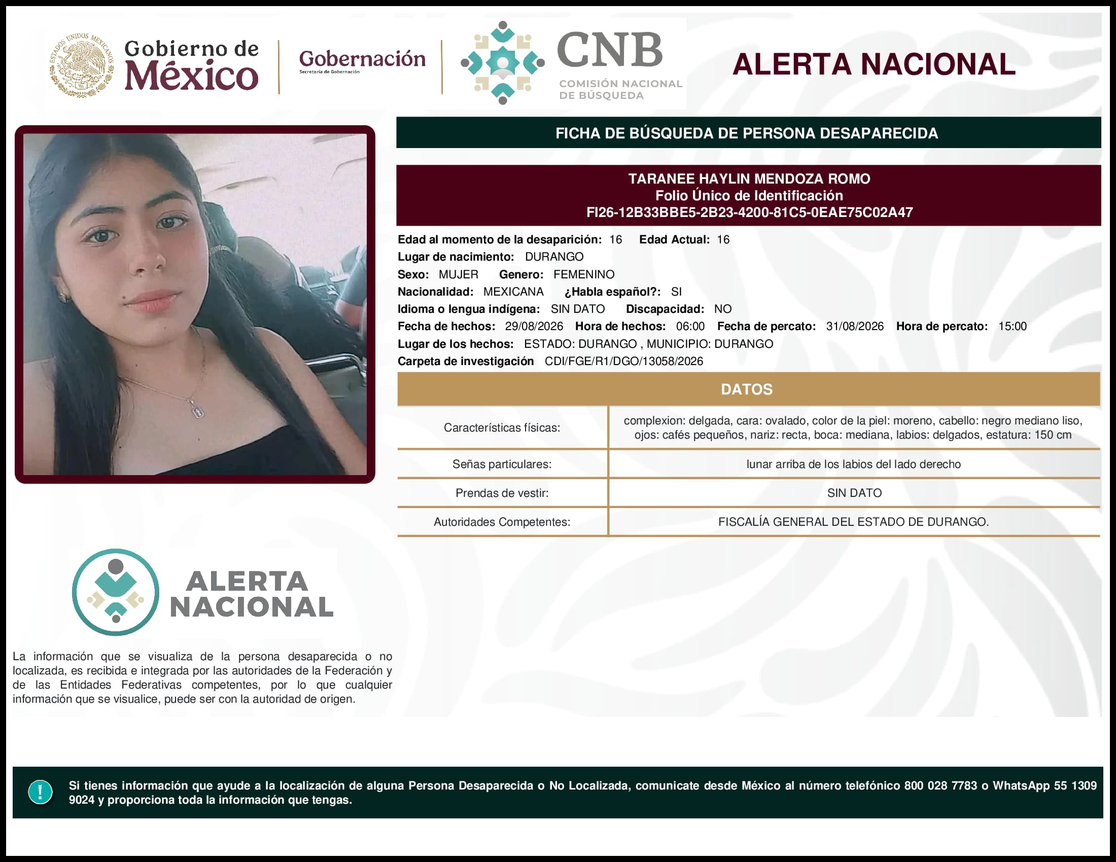 Persona desaparecida Taranee Haylin Mendoza Romo