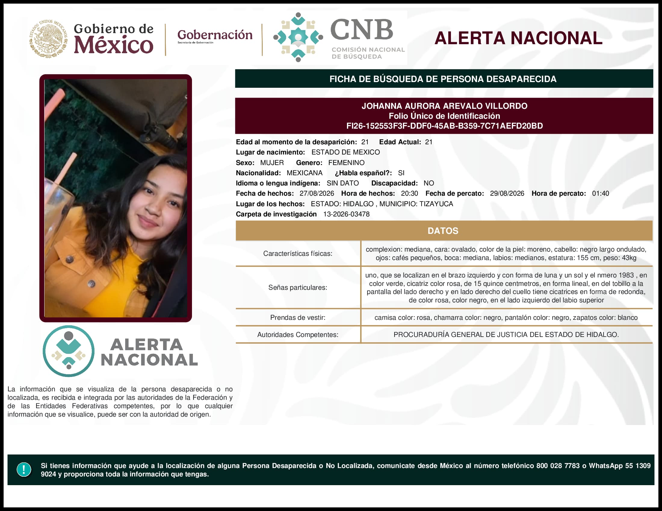 Persona desaparecida Johanna  Aurora  Arevalo  Villordo  