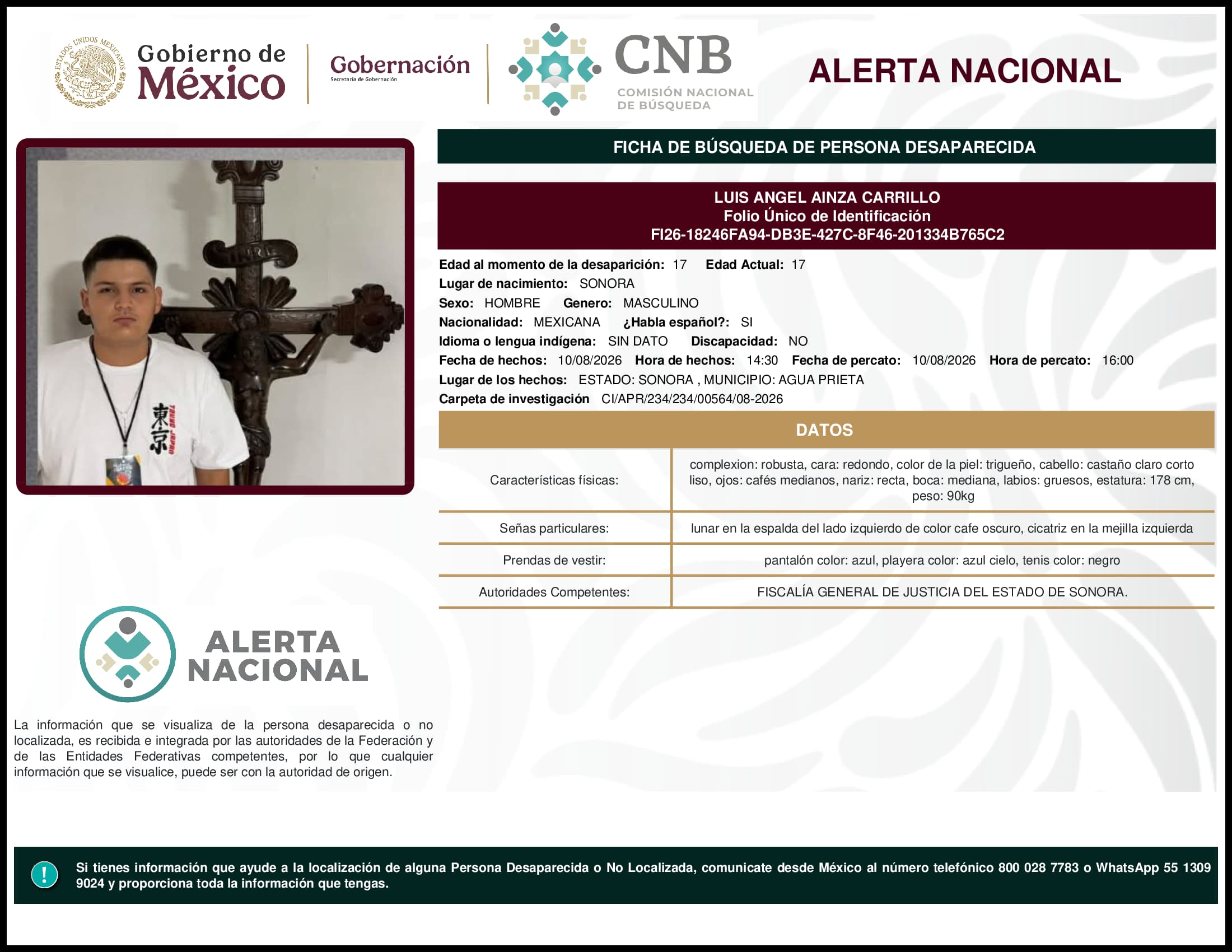 Persona desaparecida Luis  Angel  Ainza  Carrillo  