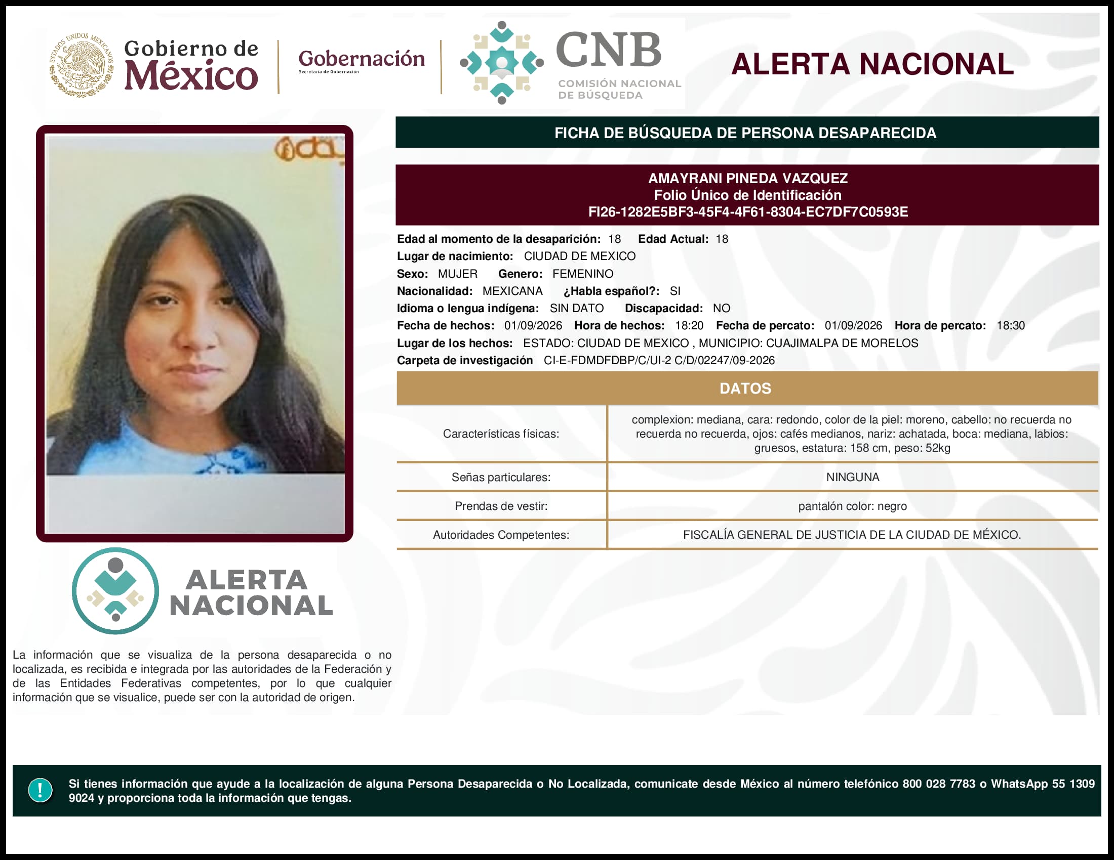 Persona desaparecida Amayrani Pineda Vazquez