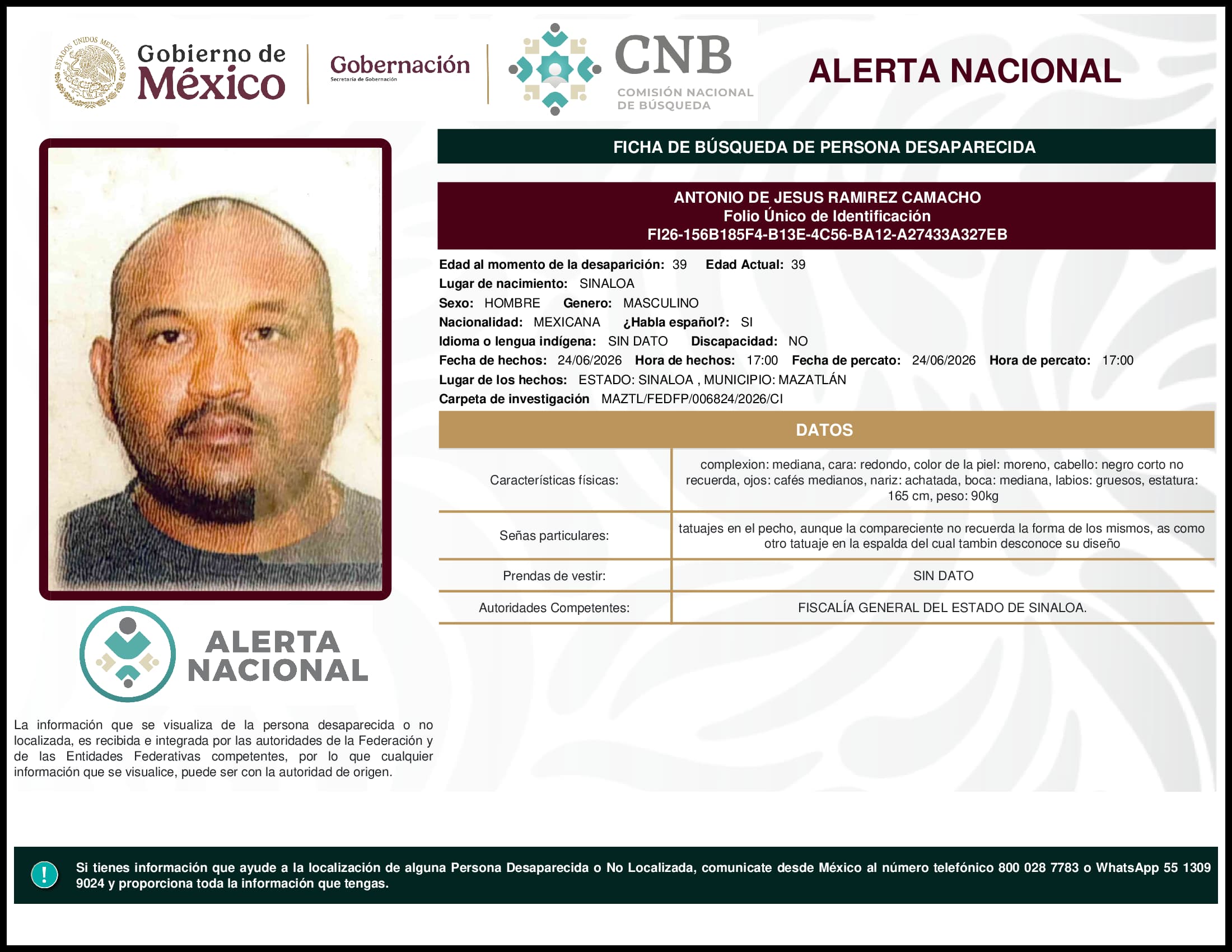 Persona desaparecida Antonio De Jesus Ramirez Camacho