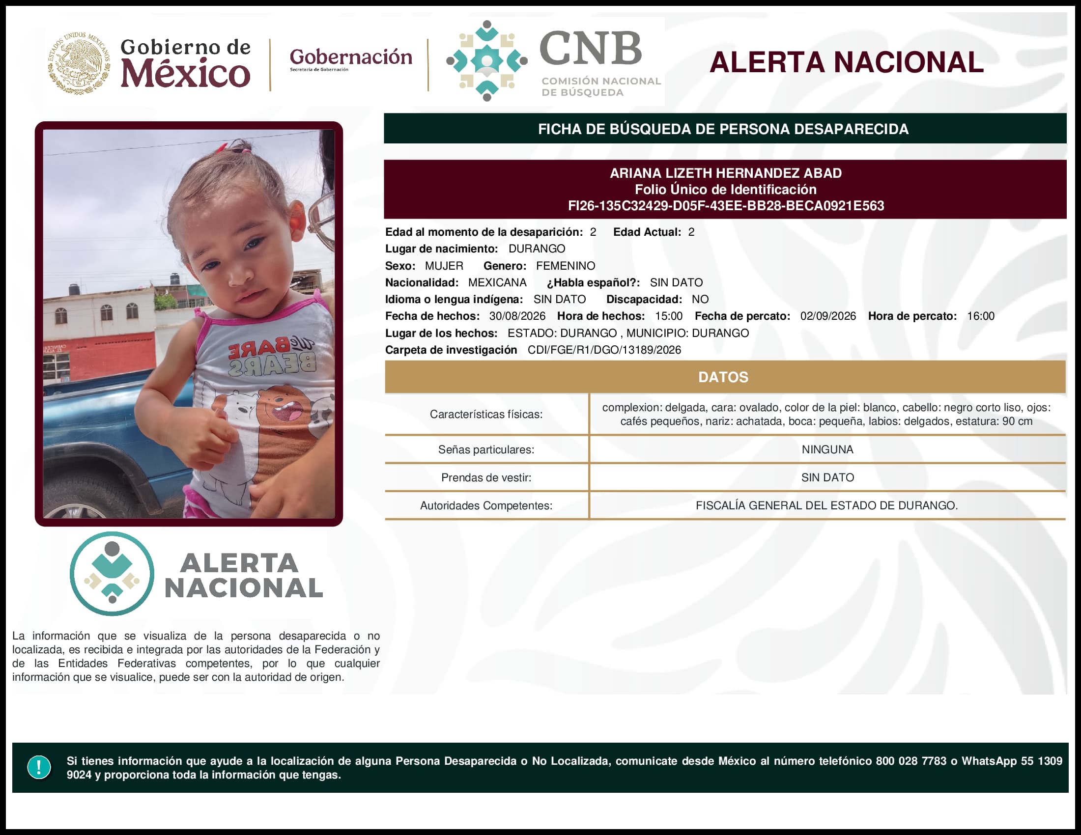Persona desaparecida Ariana Lizeth Hernandez Abad