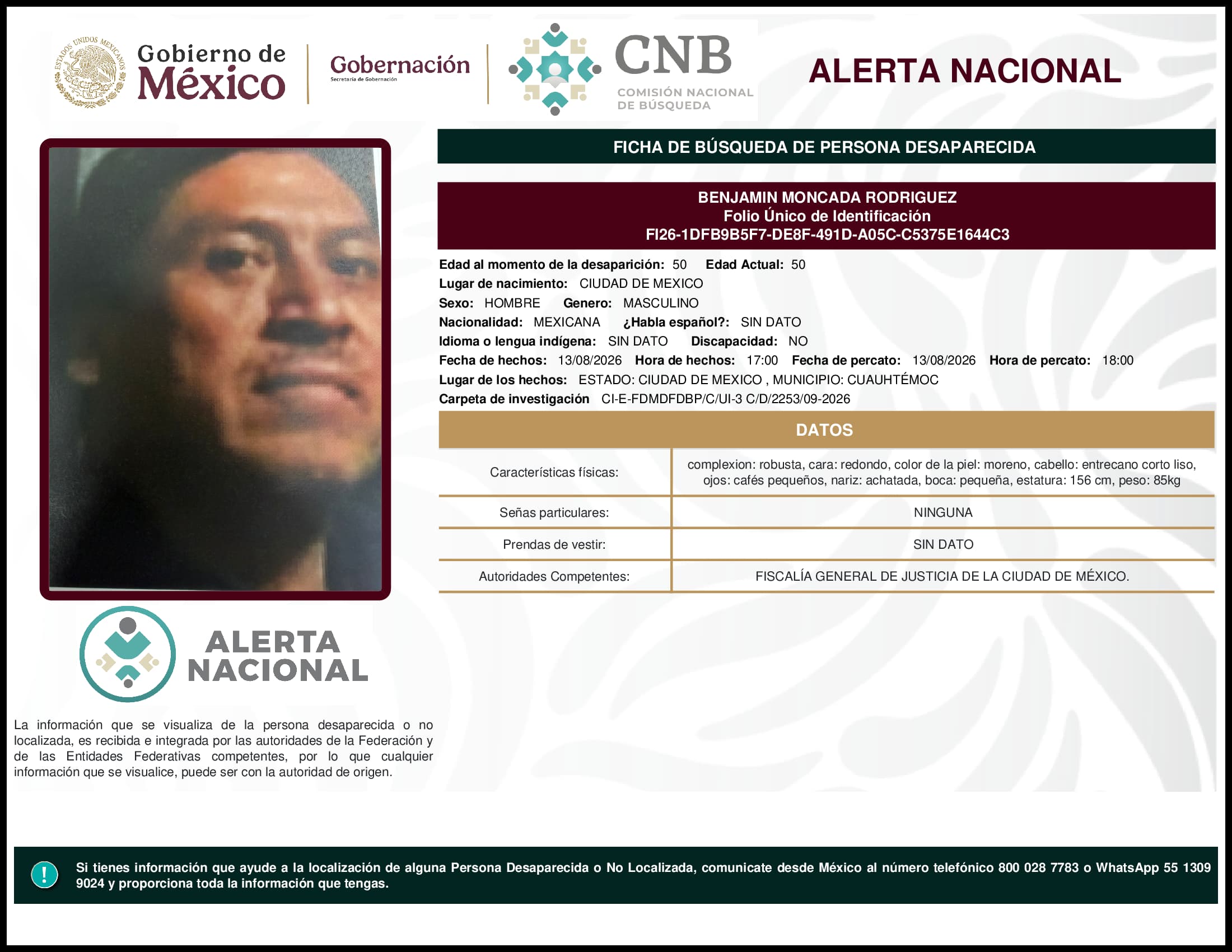 Persona desaparecida Benjamin Moncada Rodriguez