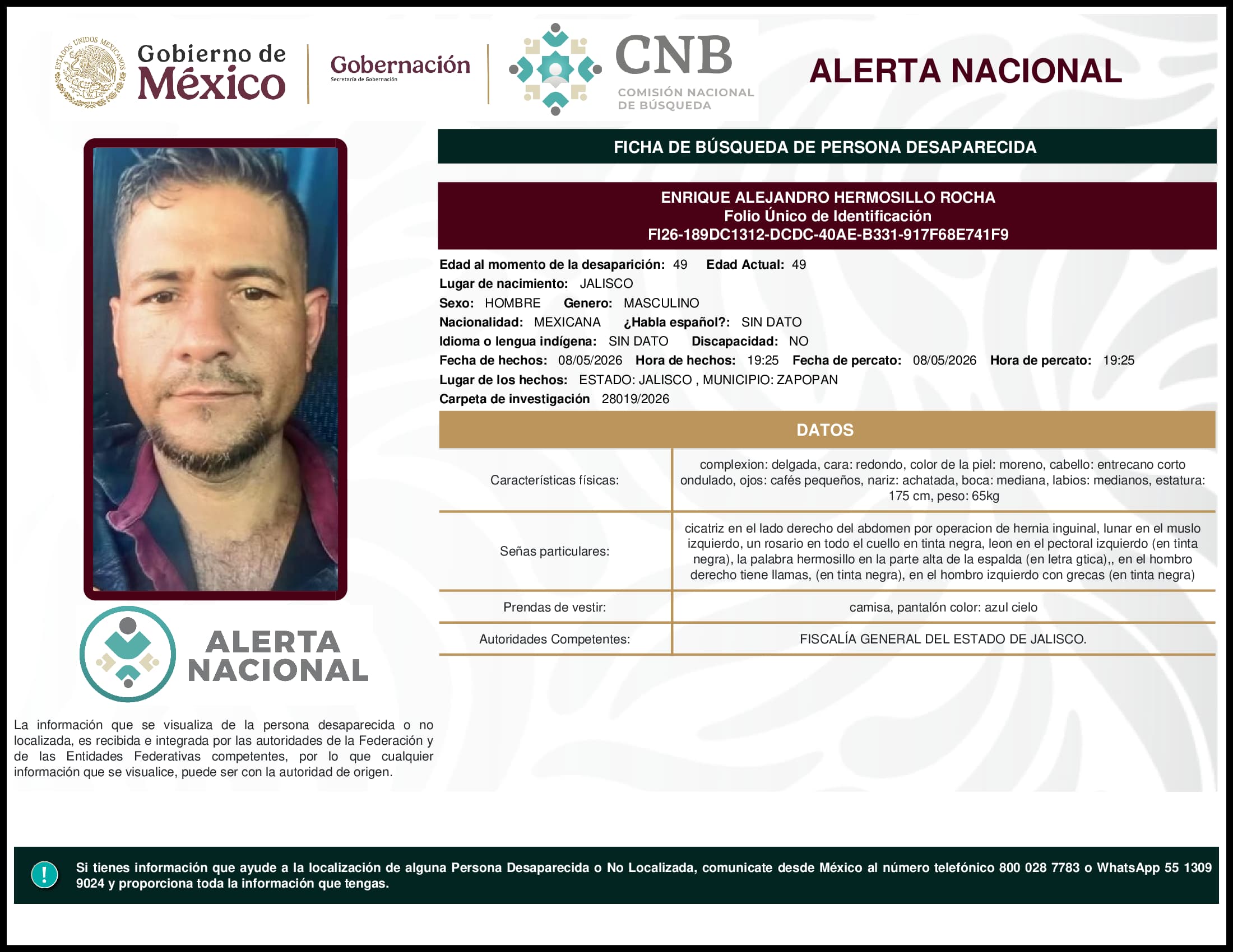 Persona desaparecida Enrique Alejandro Hermosillo Rocha