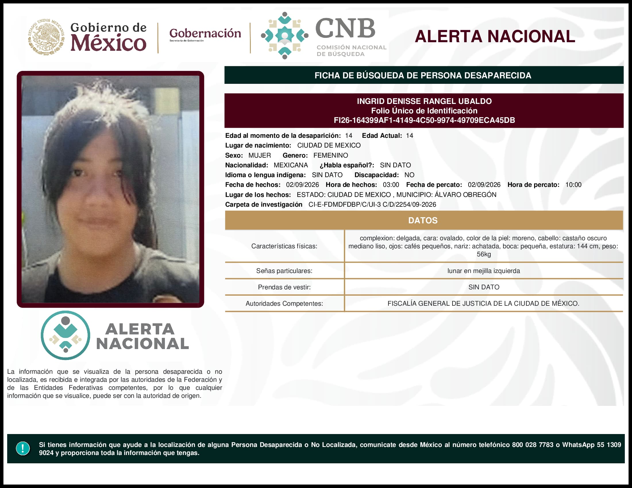 Persona desaparecida Ingrid Denisse Rangel Ubaldo