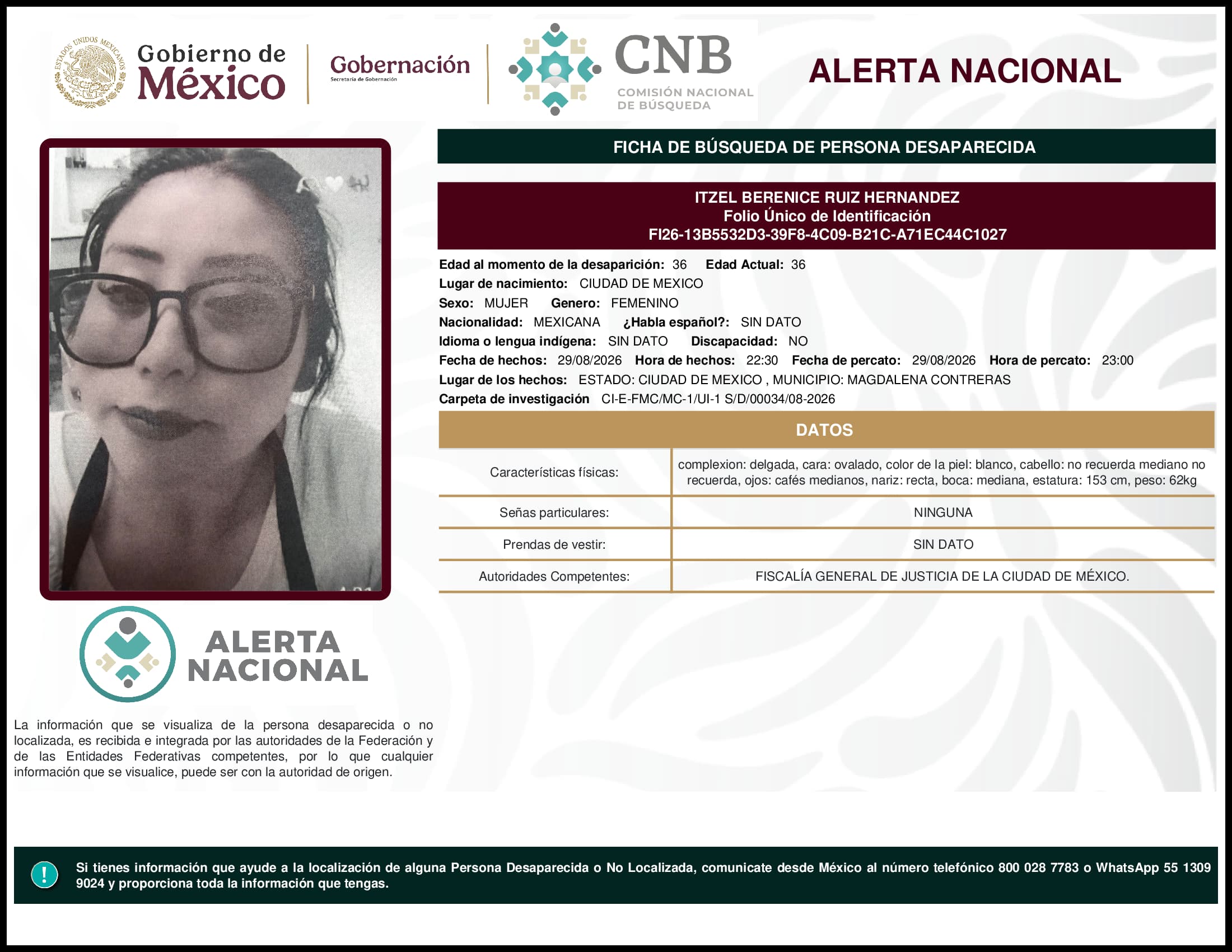 Persona desaparecida Itzel Berenice Ruiz Hernandez