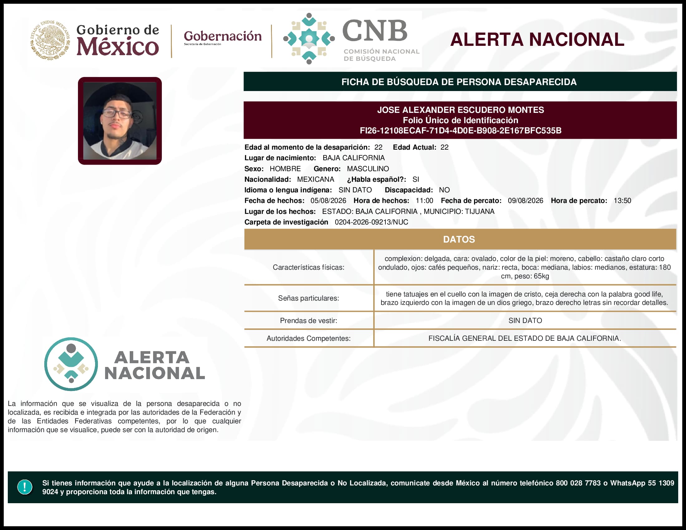 Persona desaparecida Jose Alexander Escudero Montes