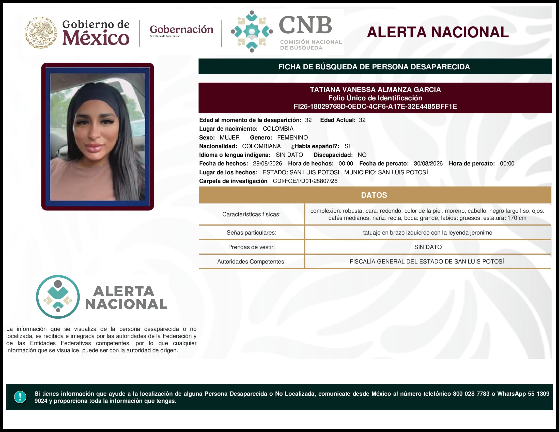 Persona desaparecida Tatiana Vanessa Almanza Garcia