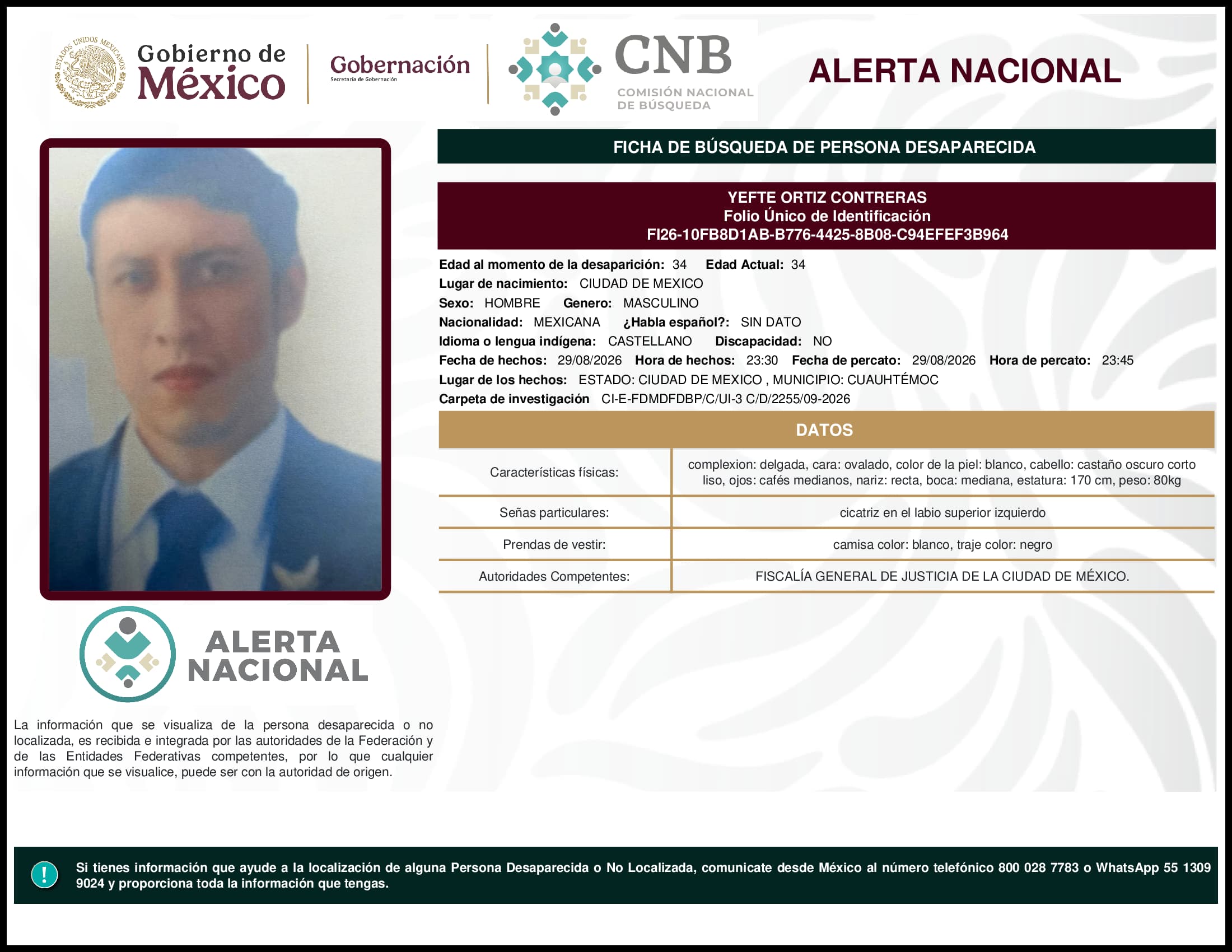 Persona desaparecida Yefte Ortiz Contreras
