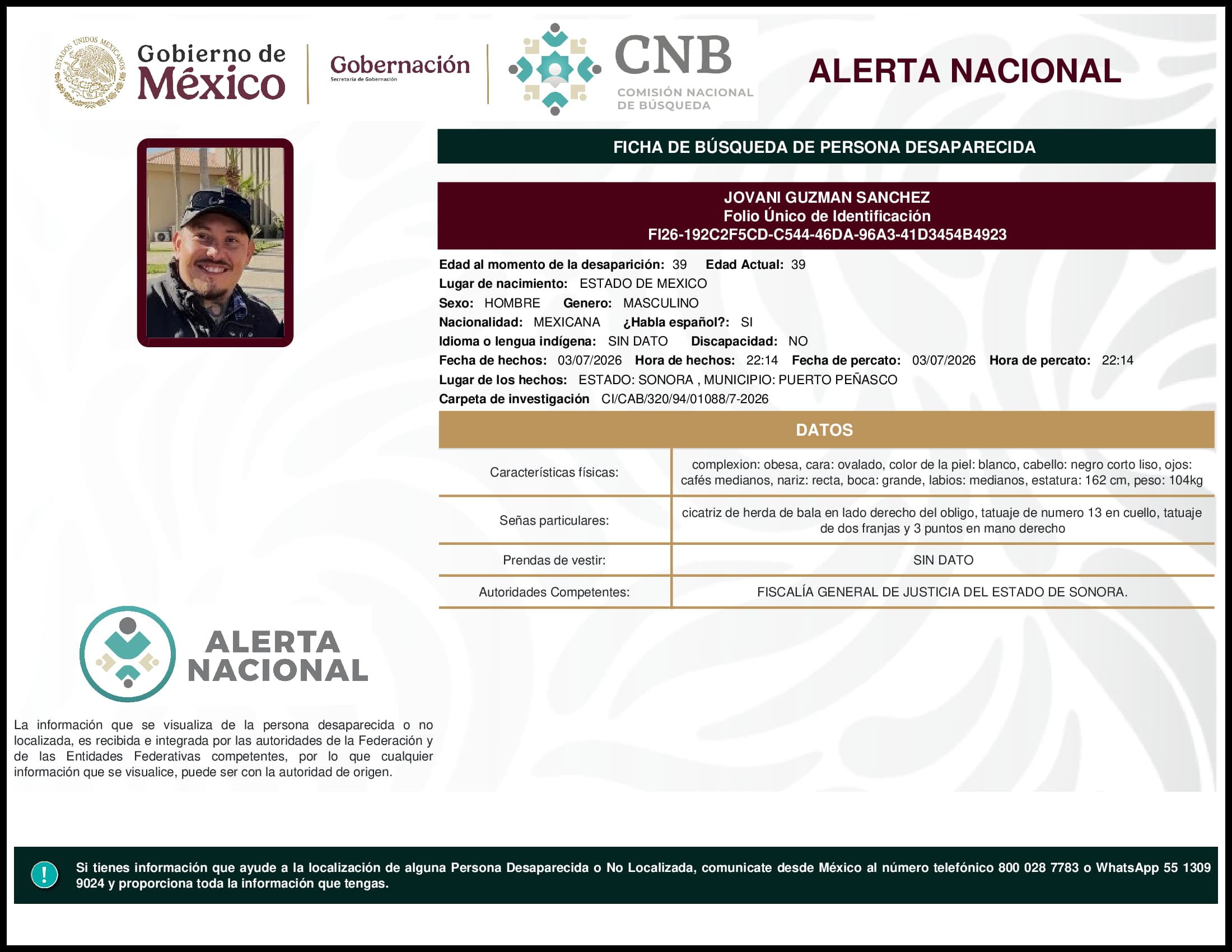 Persona desaparecida Jovani Guzman Sanchez