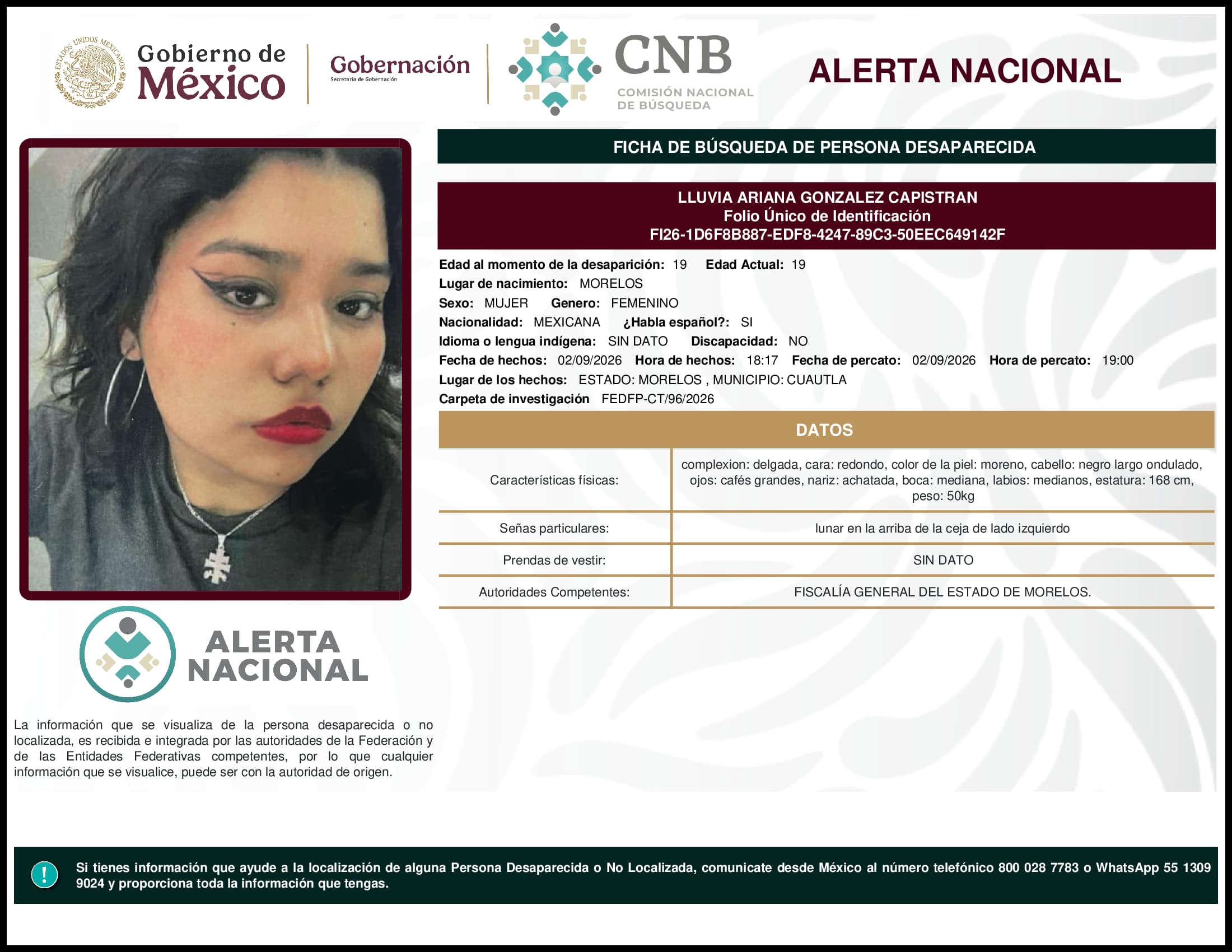 Persona desaparecida Lluvia Ariana Gonzalez Capistran