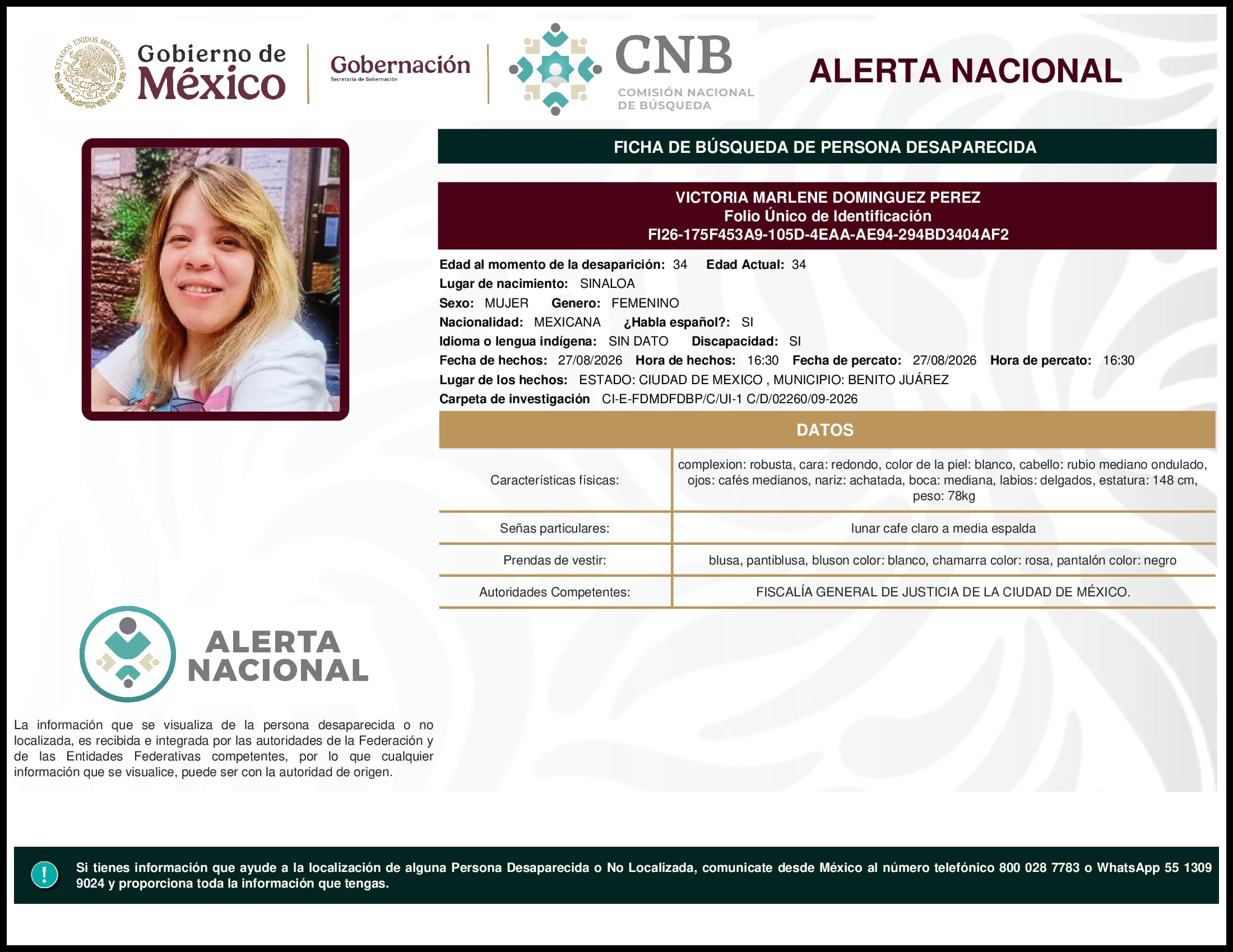 Persona desaparecida Victoria Marlene Dominguez Perez