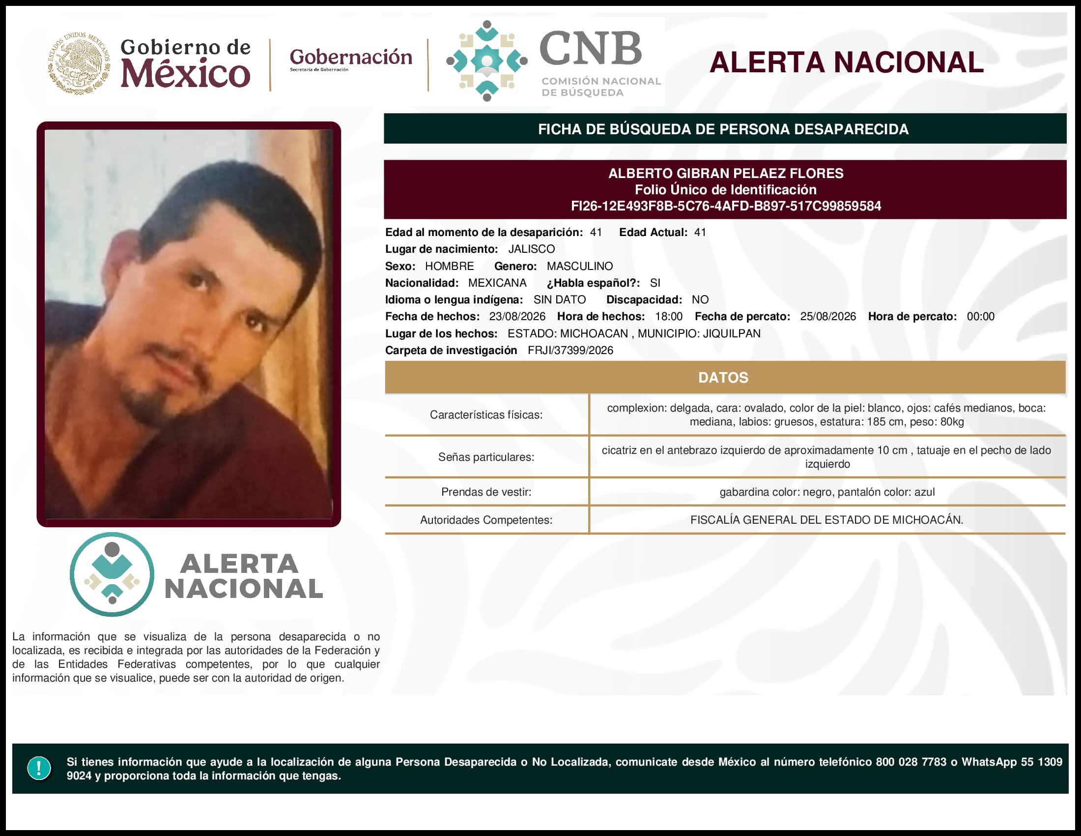 Persona desaparecida Alberto Gibran Pelaez Flores
