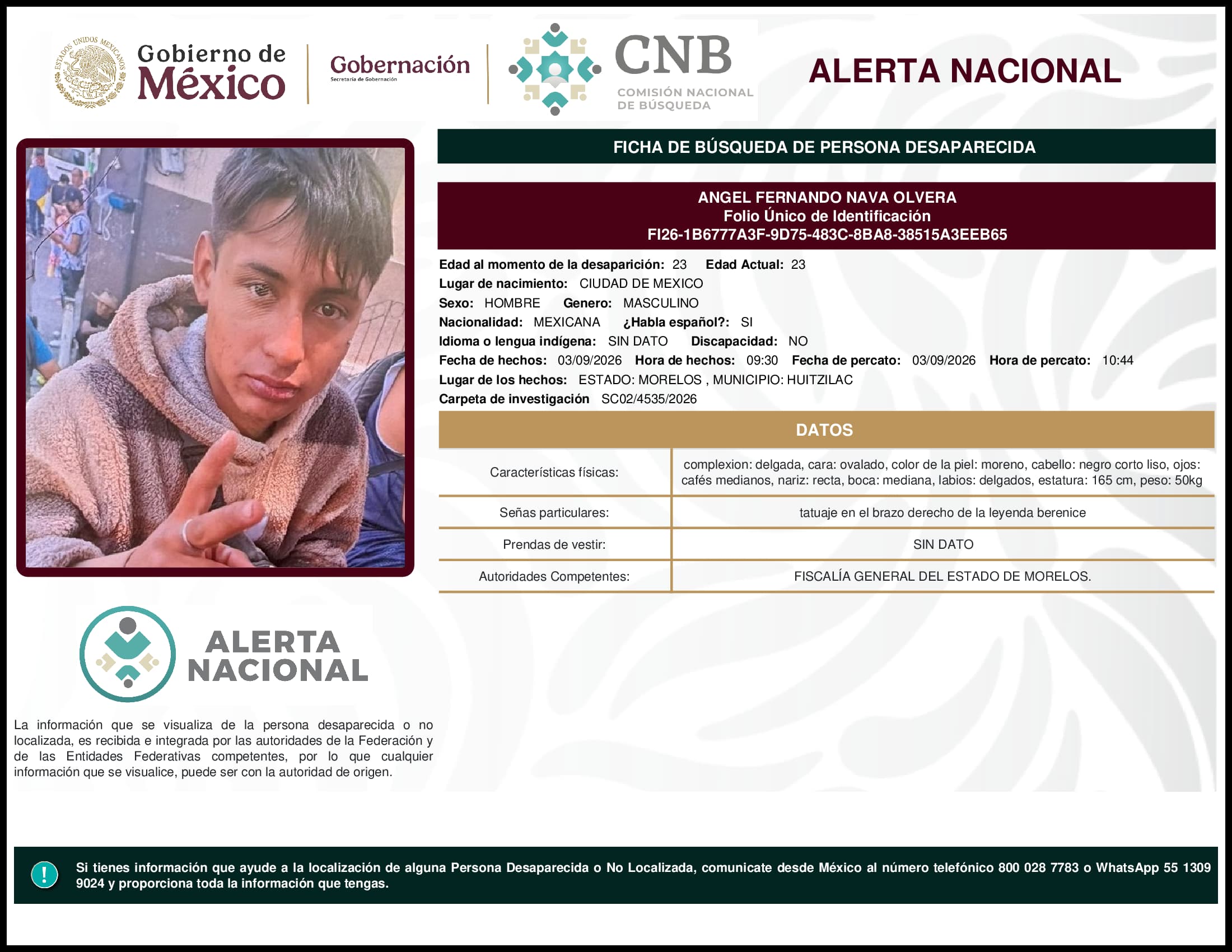 Persona desaparecida Angel Fernando Nava Olvera