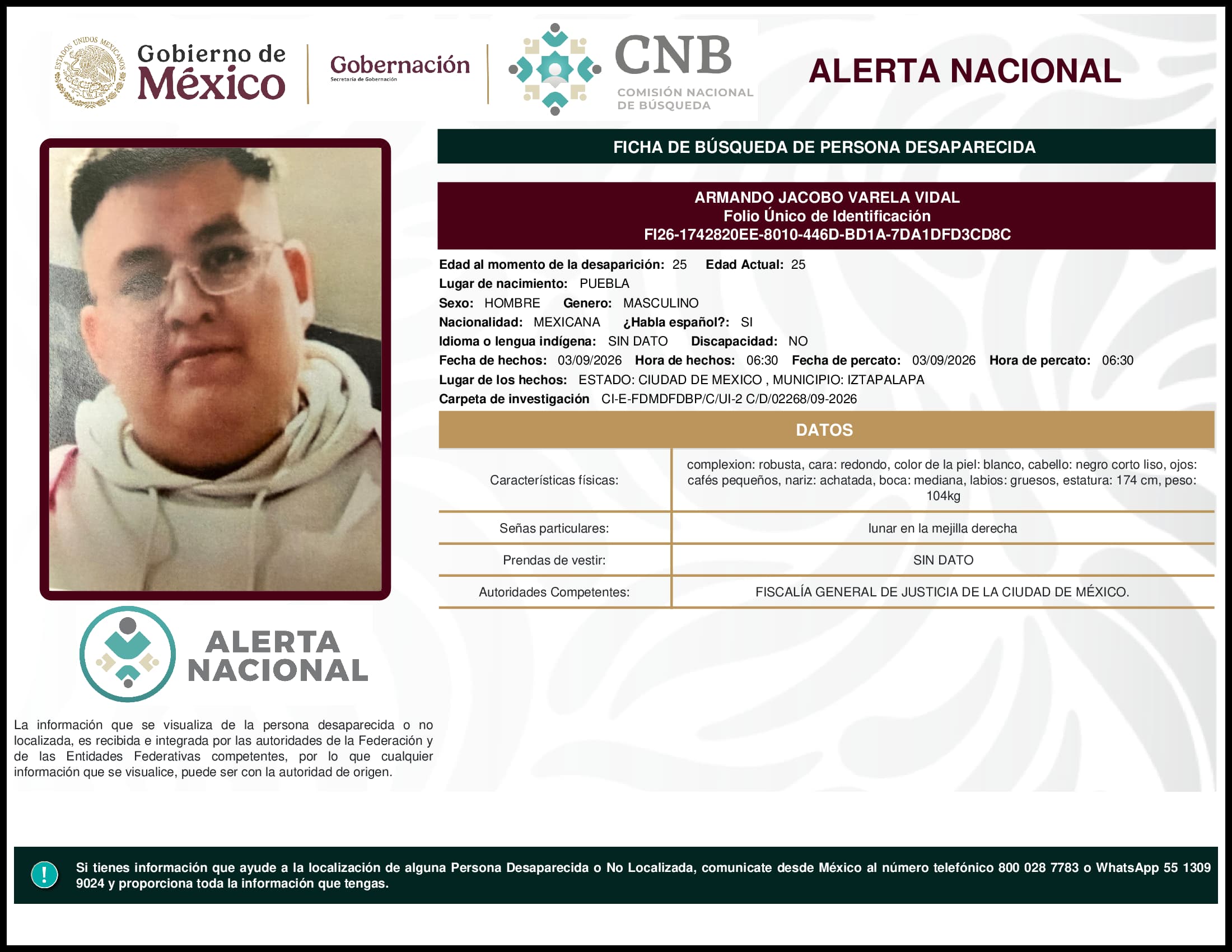 Persona desaparecida Armando Jacobo Varela Vidal