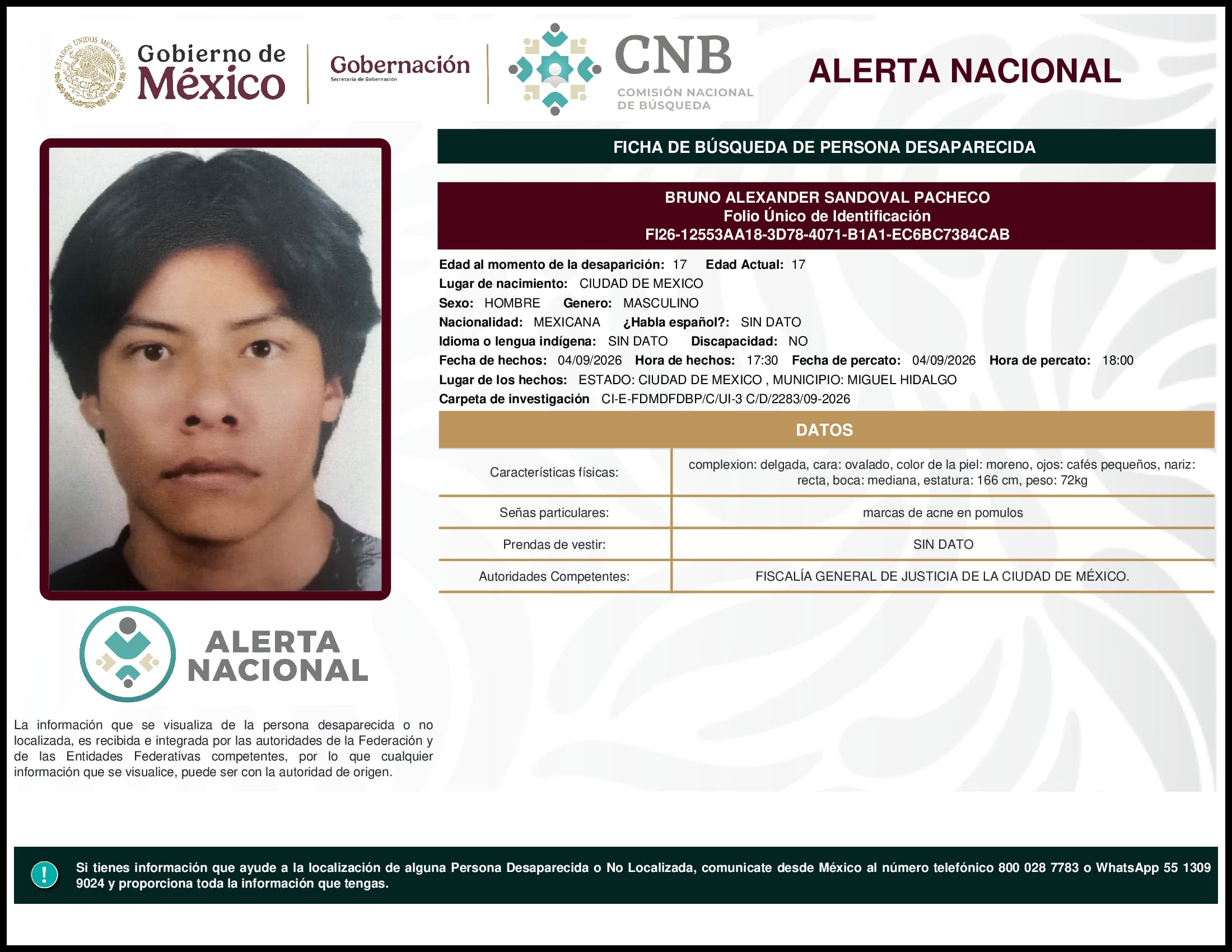 Persona desaparecida Bruno Alexander Sandoval Pacheco