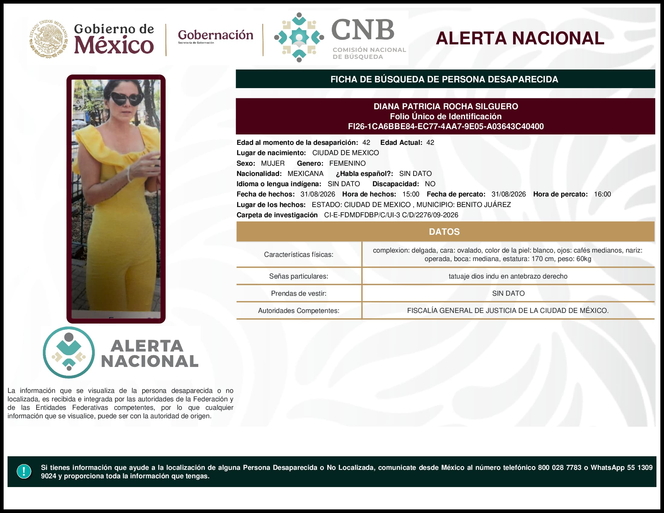 Persona desaparecida Diana Patricia Rocha Silguero