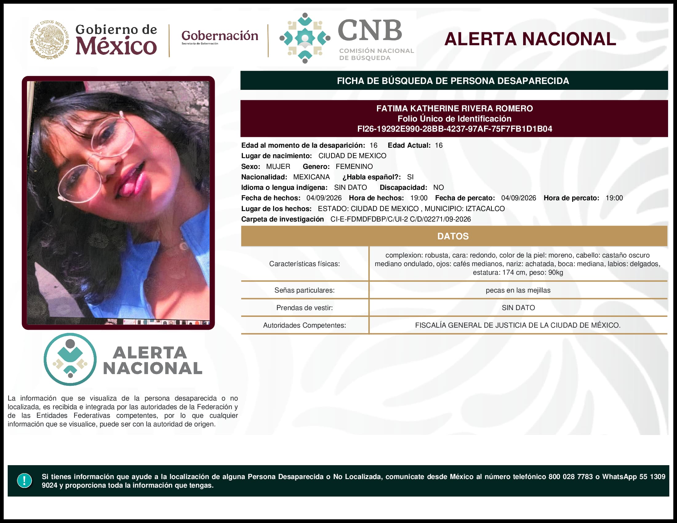 Persona desaparecida Fatima Katherine Rivera Romero