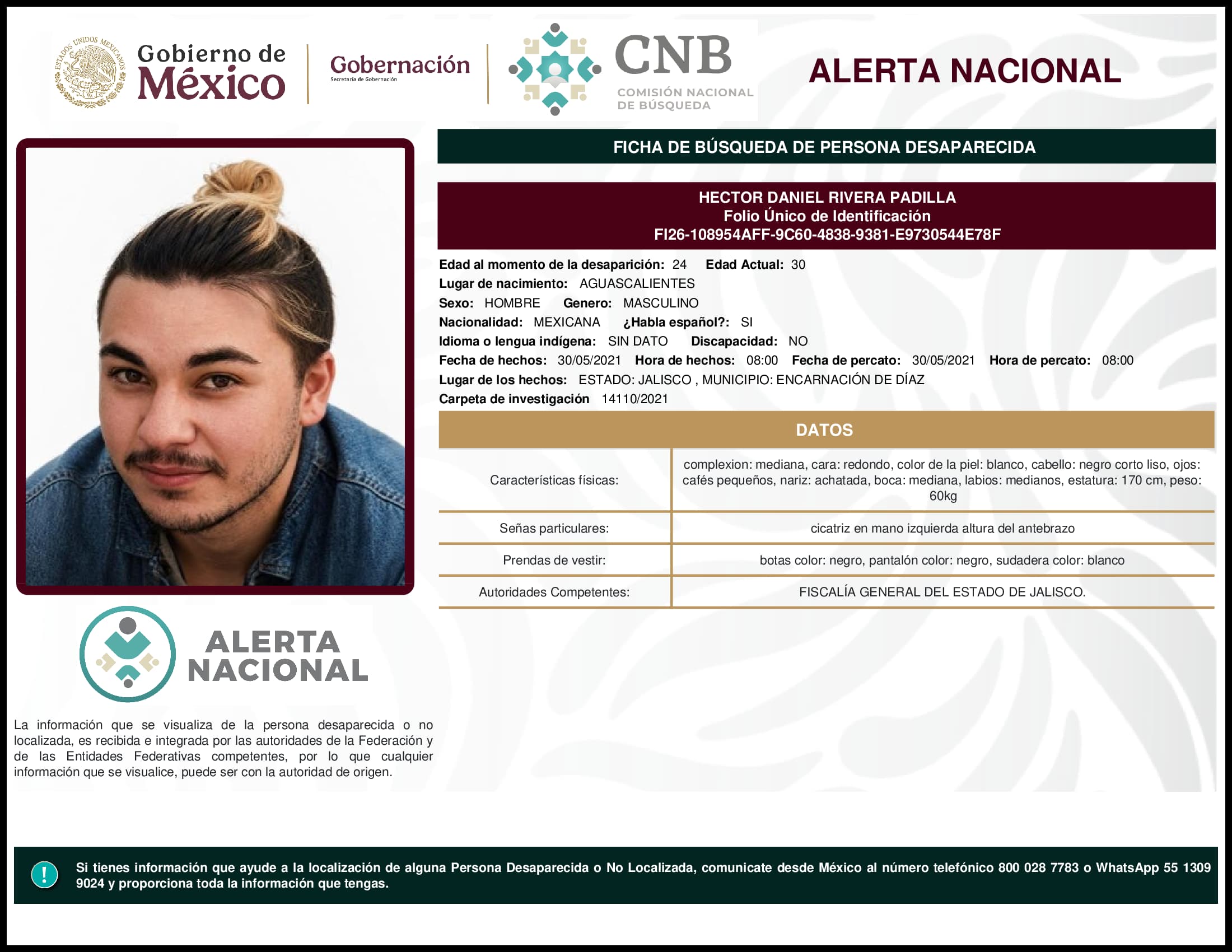 Persona desaparecida Hector Daniel Rivera Padilla
