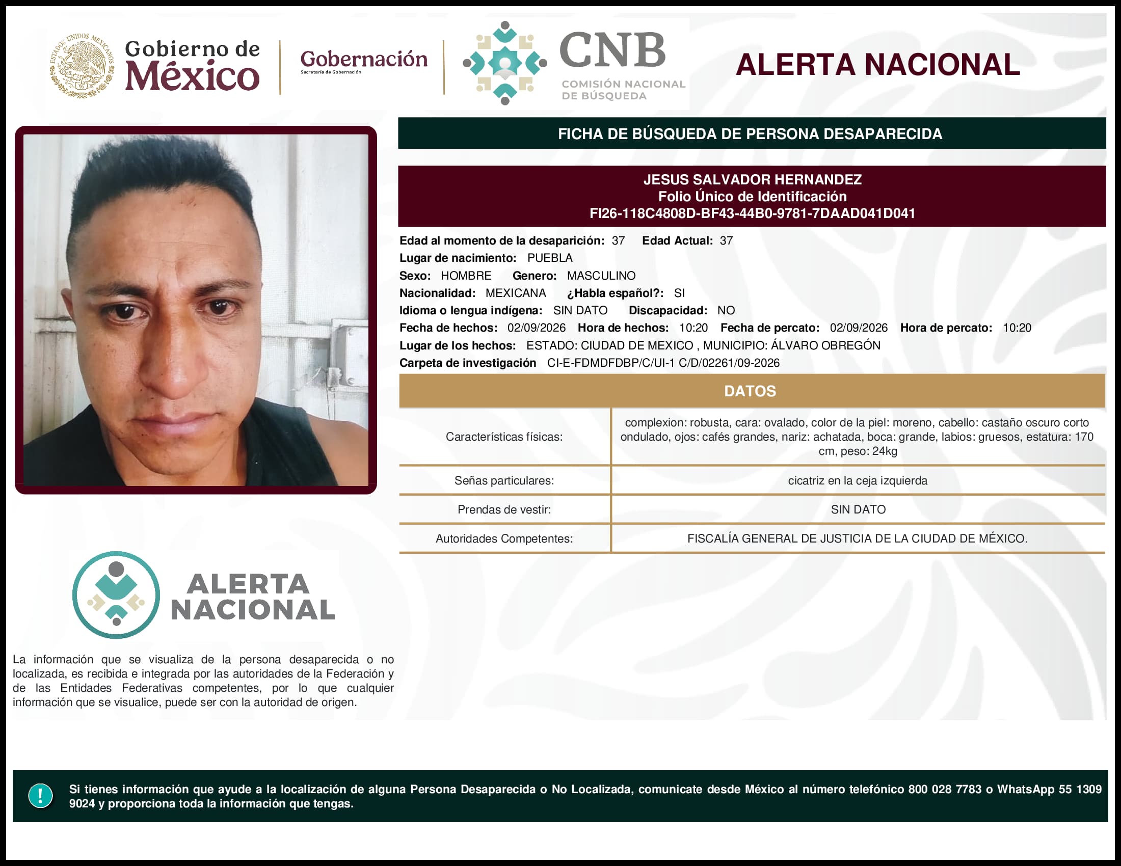 Persona desaparecida Jesus Salvador Hernandez
