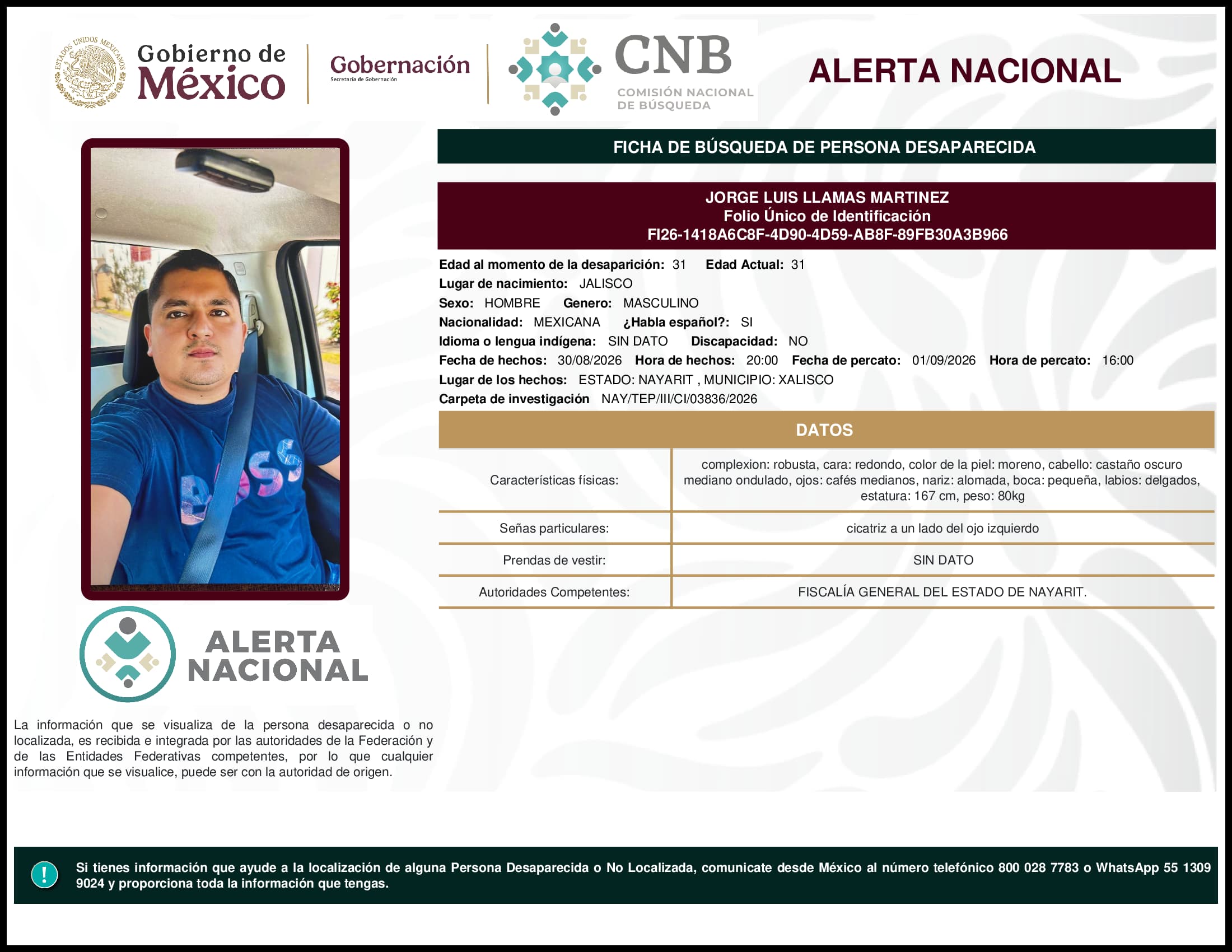 Persona desaparecida Jorge Luis Llamas Martinez