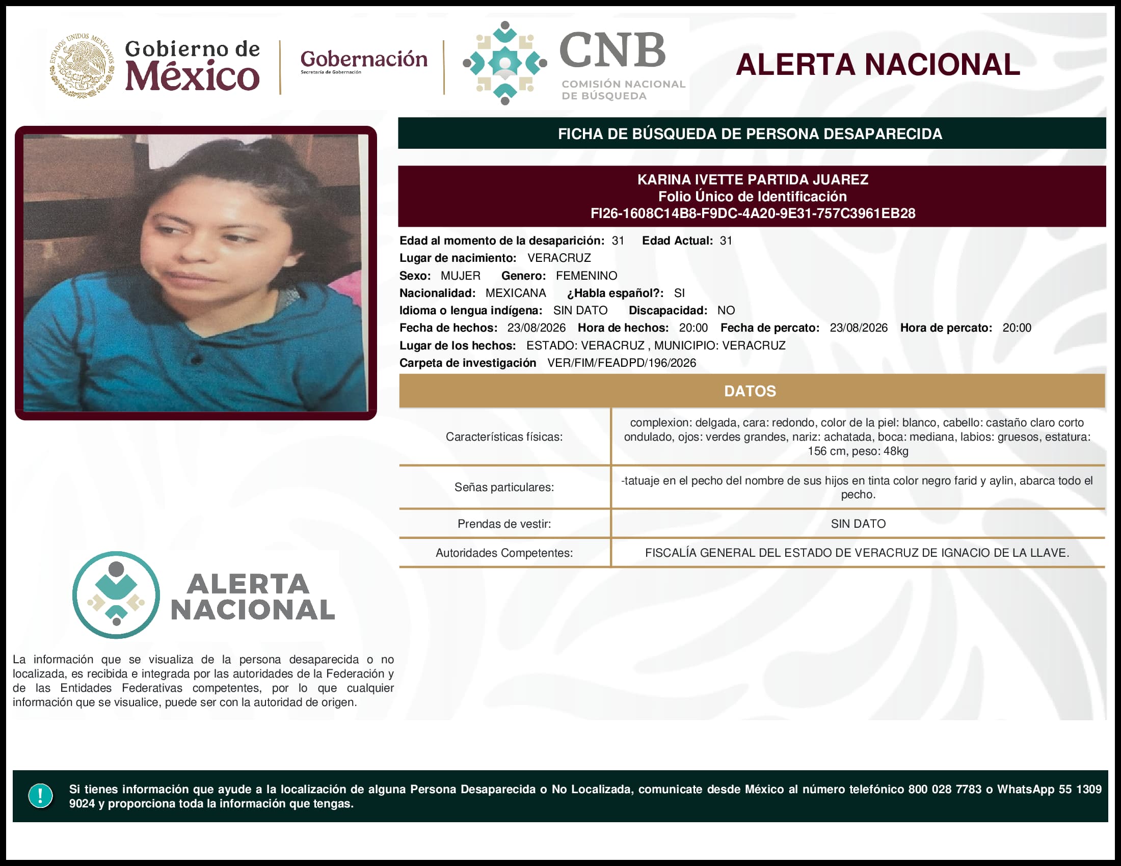 Persona desaparecida Karina Ivette Partida Juarez