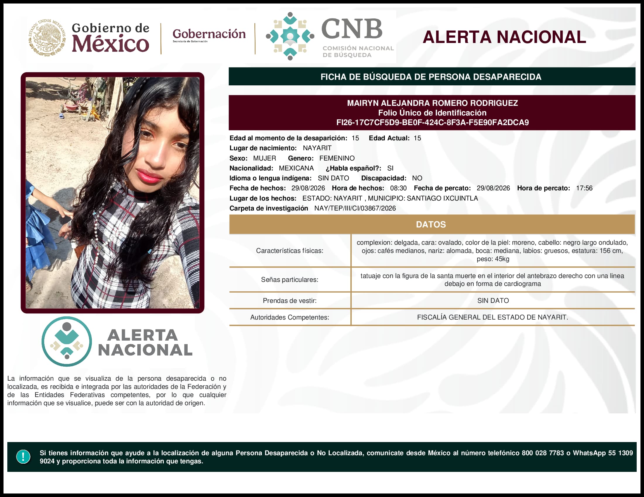 Persona desaparecida Mairyn Alejandra Romero Rodriguez