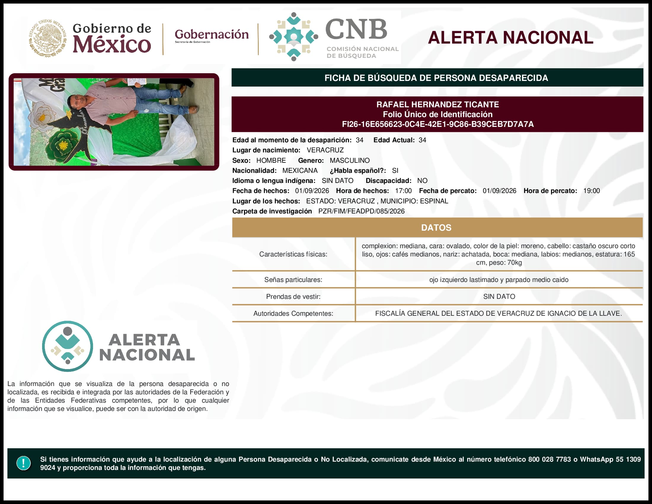 Persona desaparecida Rafael Hernandez Ticante