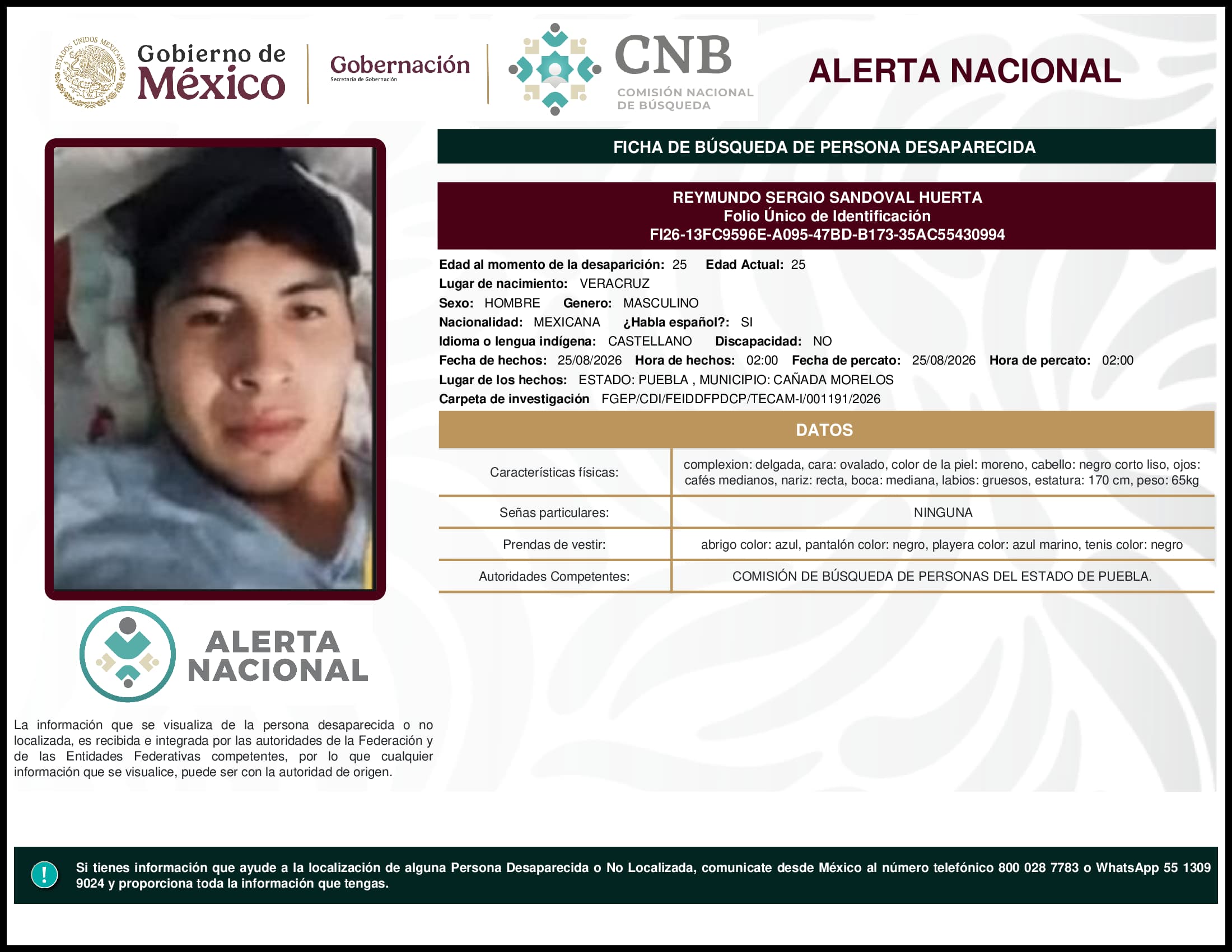 Persona desaparecida Reymundo Sergio Sandoval Huerta
