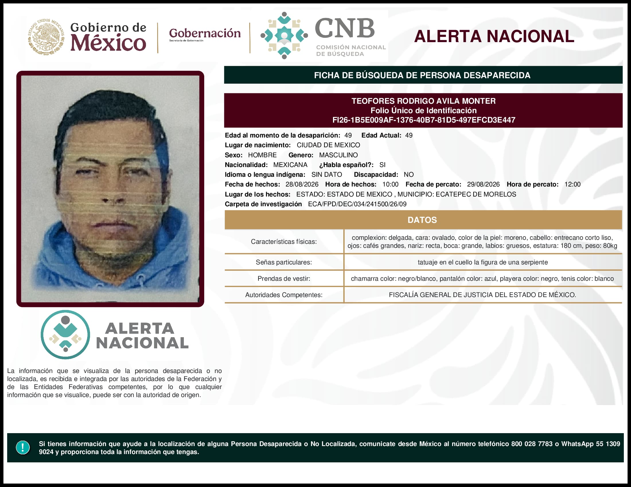 Persona desaparecida Teofores Rodrigo Avila Monter