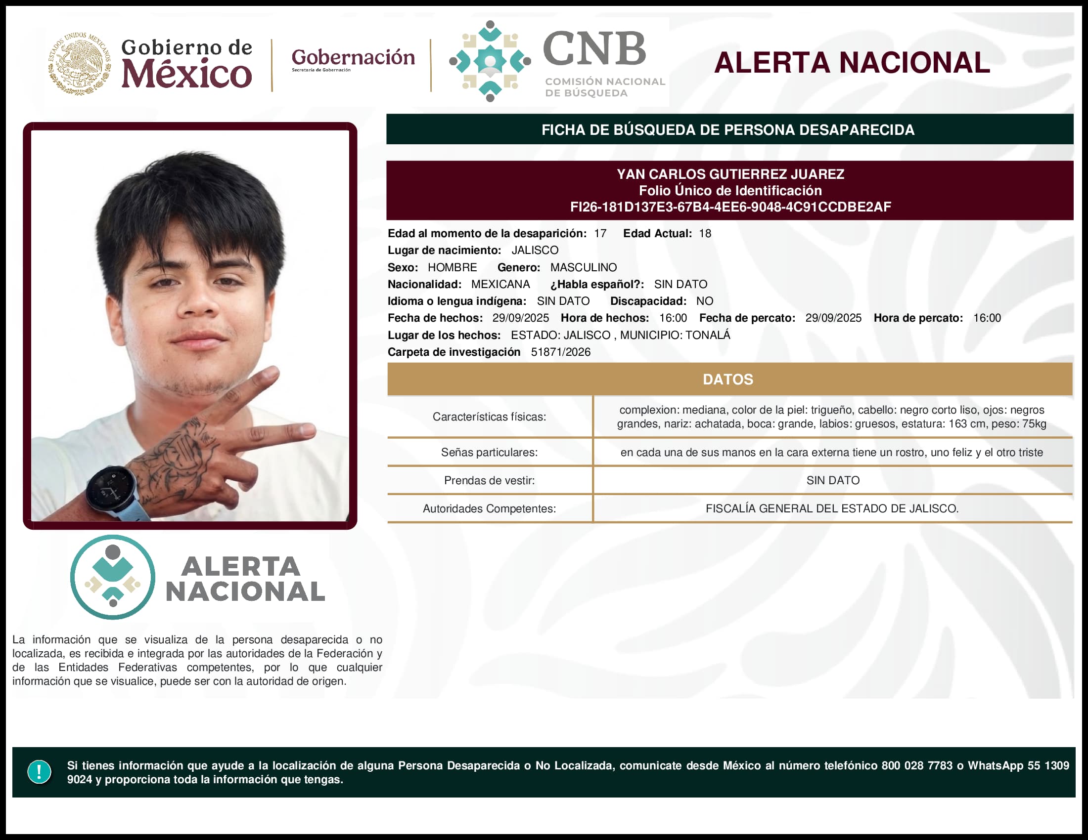 Persona desaparecida Yan Carlos Gutierrez Juarez