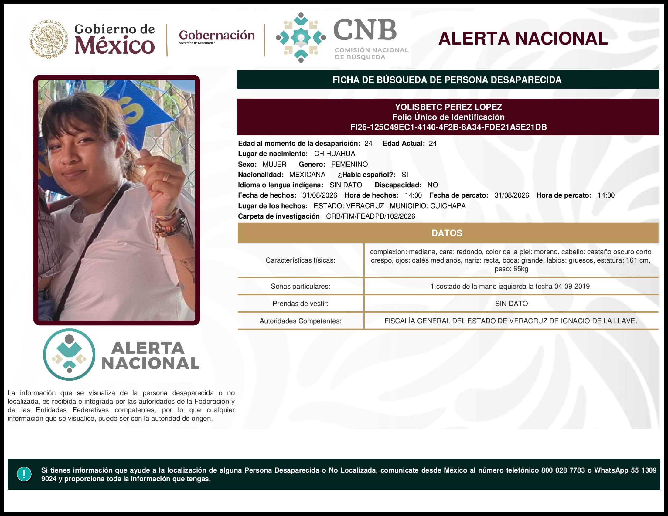 Persona desaparecida Yolisbetc Perez Lopez