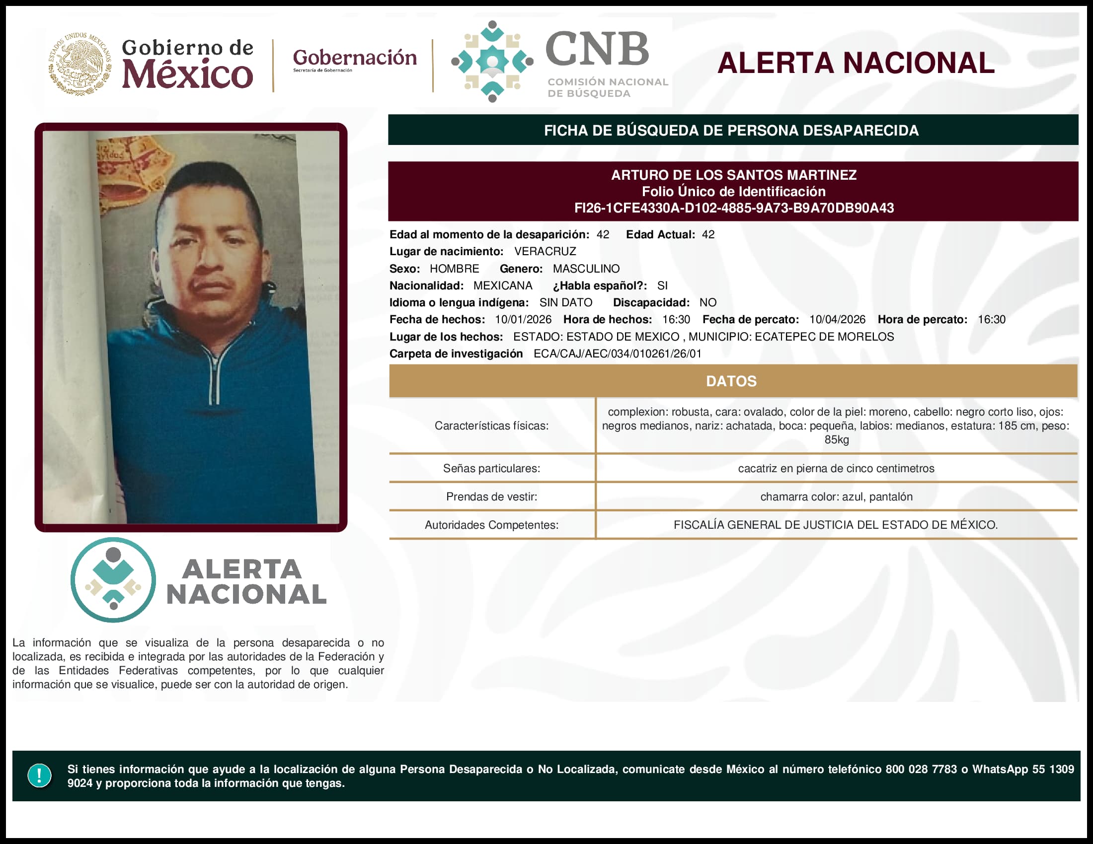 Persona desaparecida Arturo De Los Santos Martinez