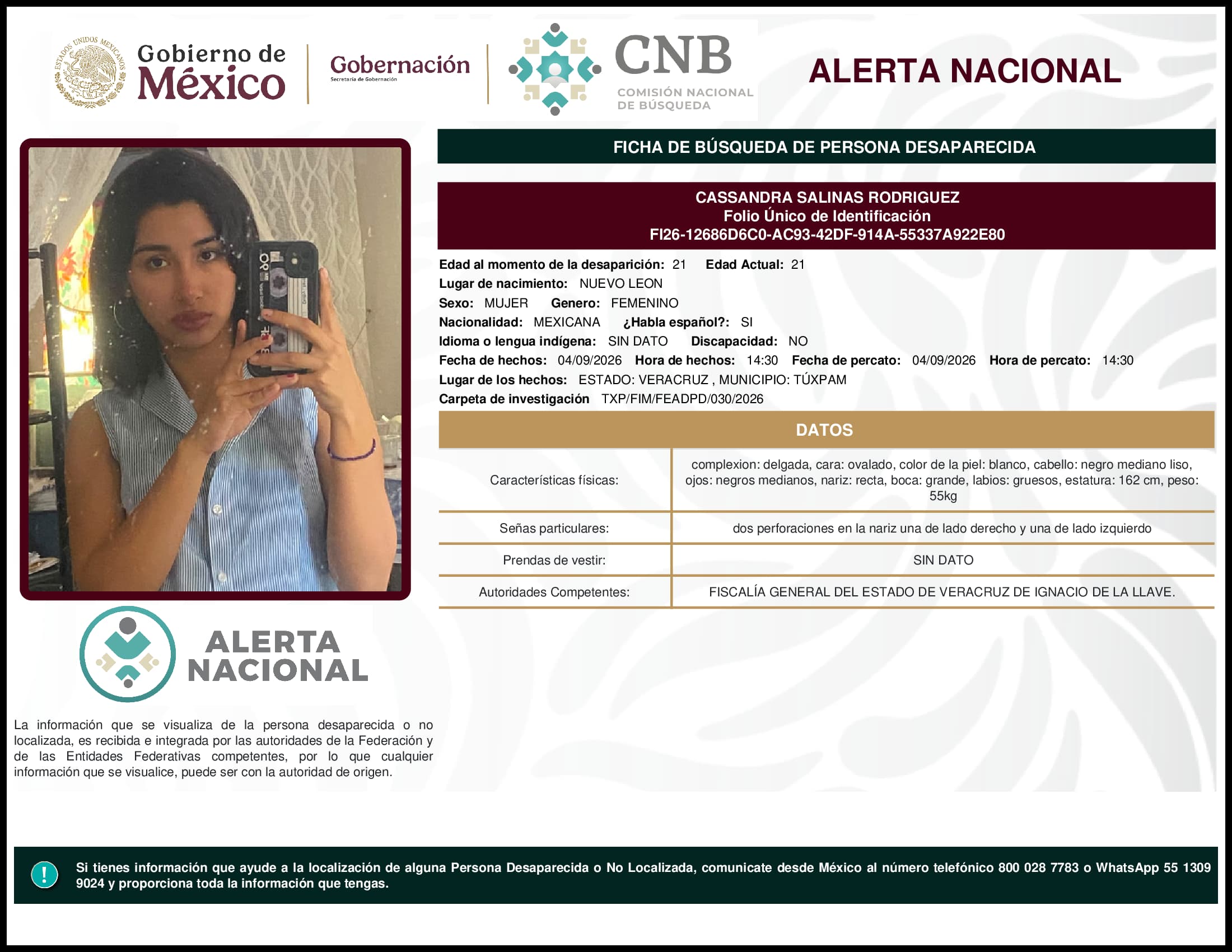 Persona desaparecida Cassandra Salinas Rodriguez