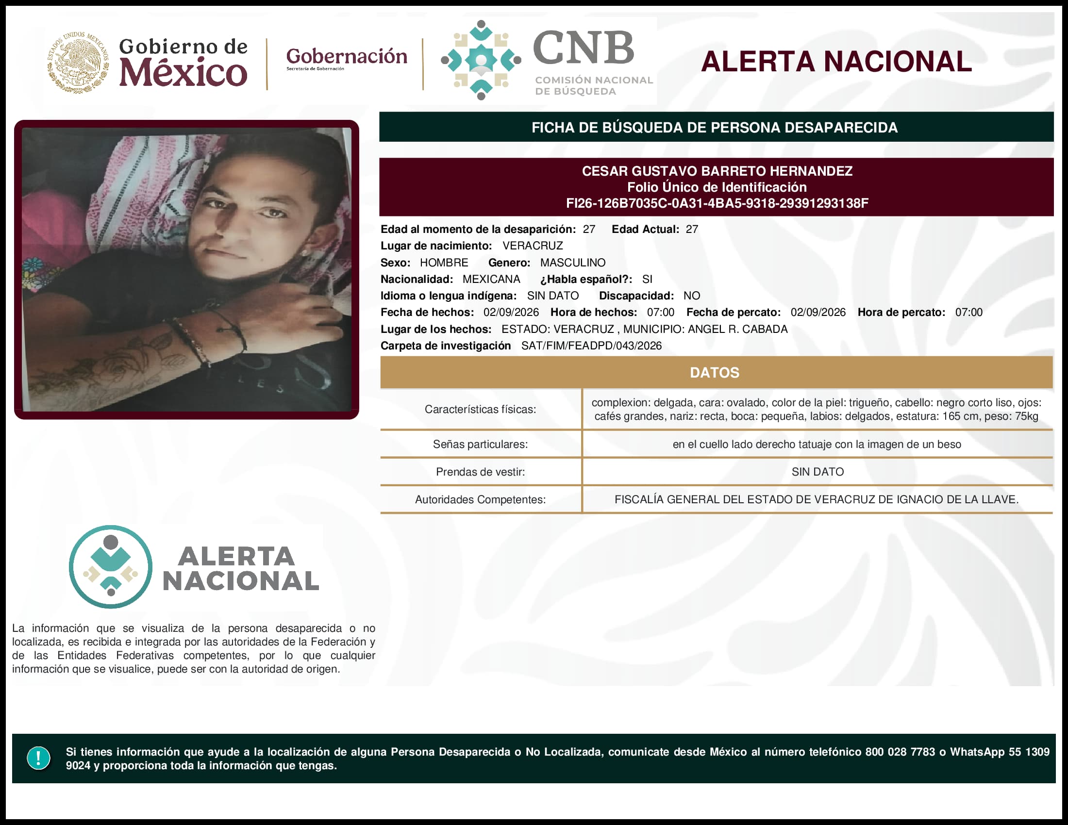 Persona desaparecida Cesar Gustavo Barreto Hernandez